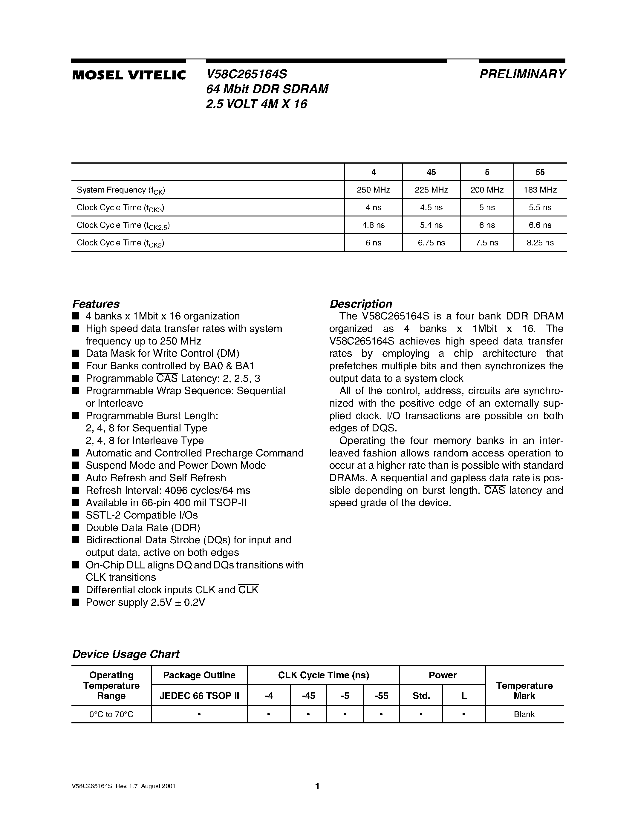 Datasheet V58C265164S page 1 Datasheet V58C265164S - 64 Mbit DDR SDRAM 2.5 VOLT 4M X 16 page 1