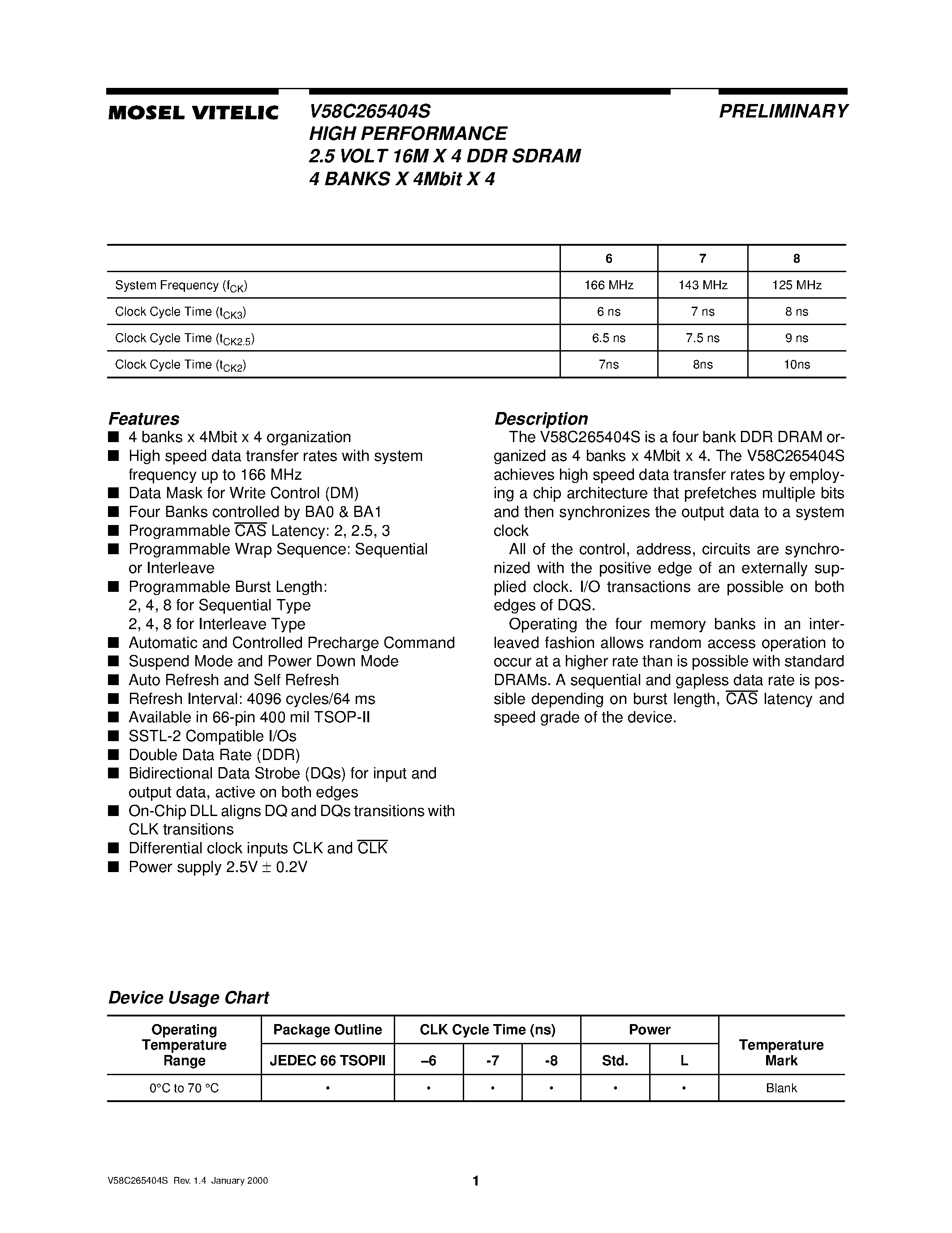 Datasheet V58C265404S page 1 Datasheet V58C265404S - HIGH PERFORMANCE 2.5 VOLT 16M X 4 DDR SDRAM 4 BANKS X 4Mbit X 4 page 1
