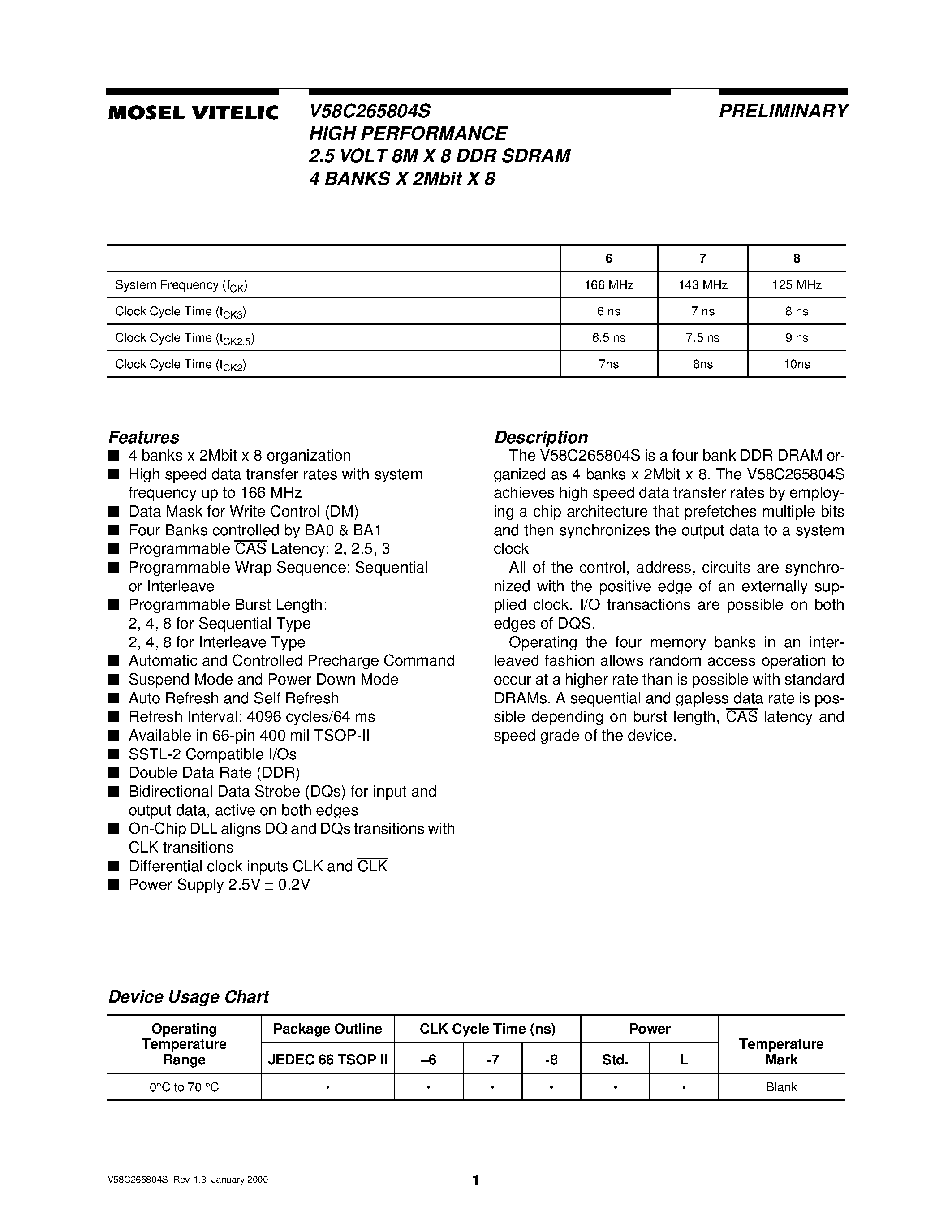 Datasheet V58C265804S page 1 Datasheet V58C265804S - HIGH PERFORMANCE 2.5 VOLT 8M X 8 DDR SDRAM 4 BANKS X 2Mbit X 8 page 1