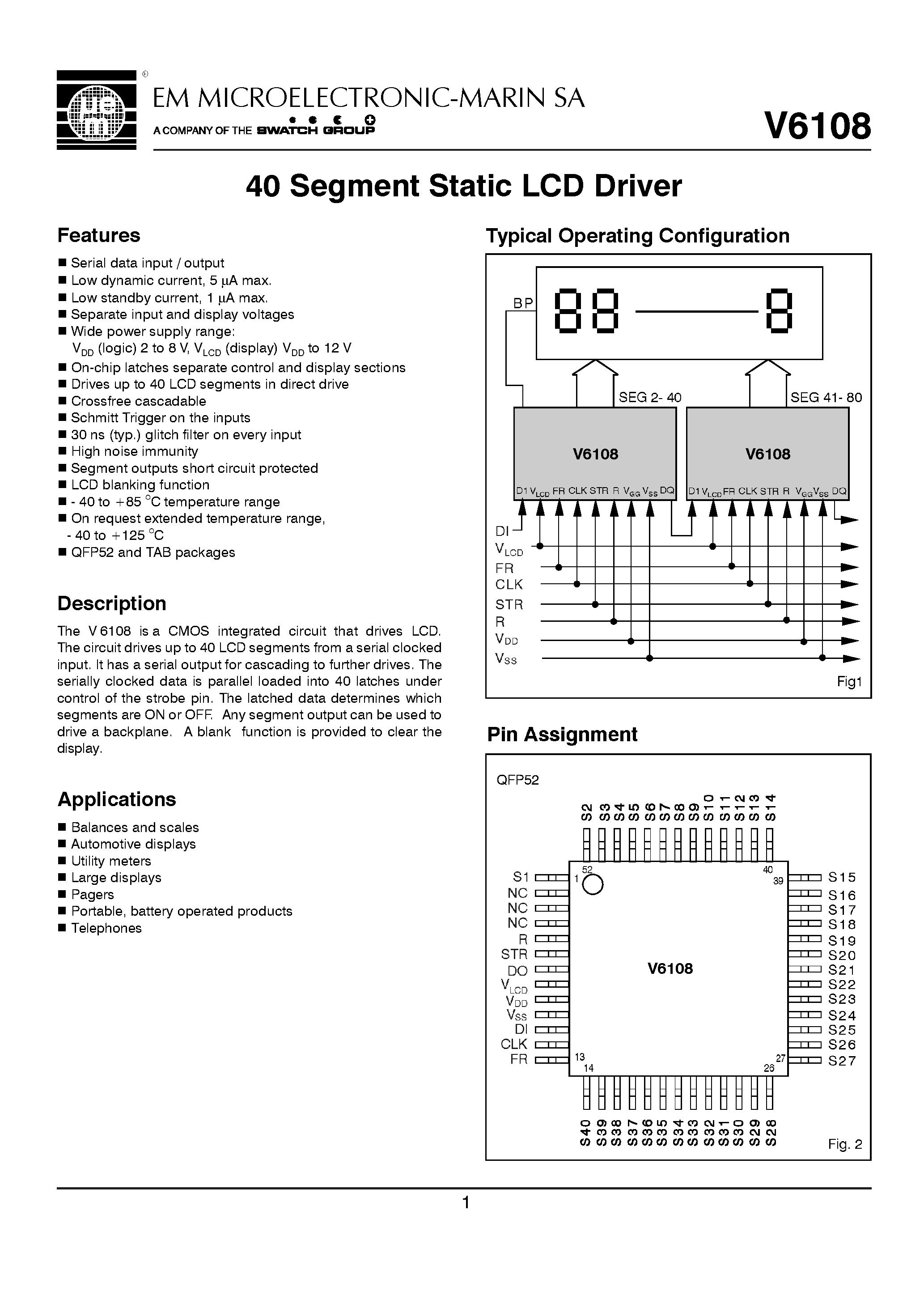 Datasheet V6108 page 1 Datasheet V6108 - 40 Segment Static LCD Driver page 1