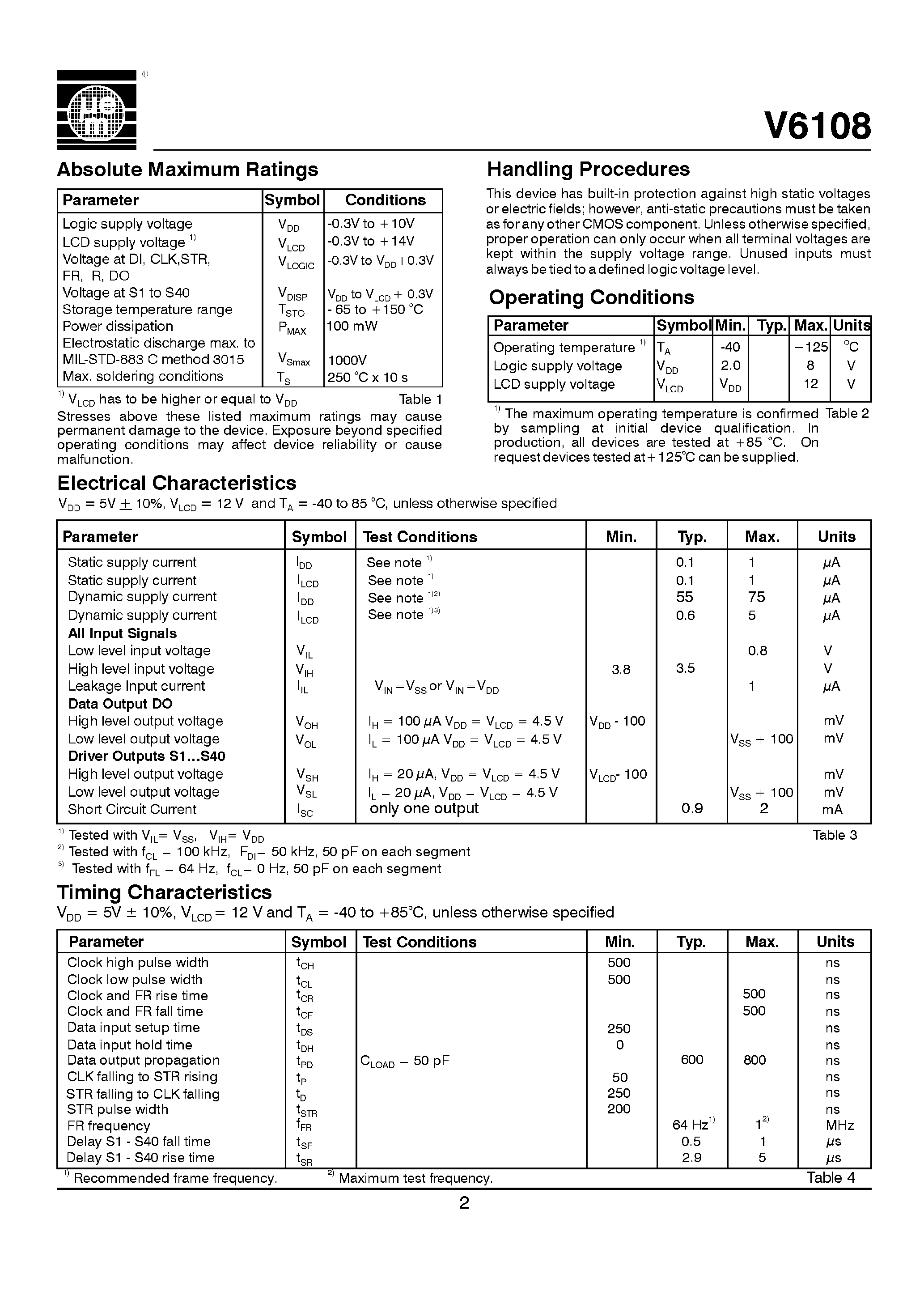 Datasheet V6108 page 2 Datasheet V6108 - 40 Segment Static LCD Driver page 2