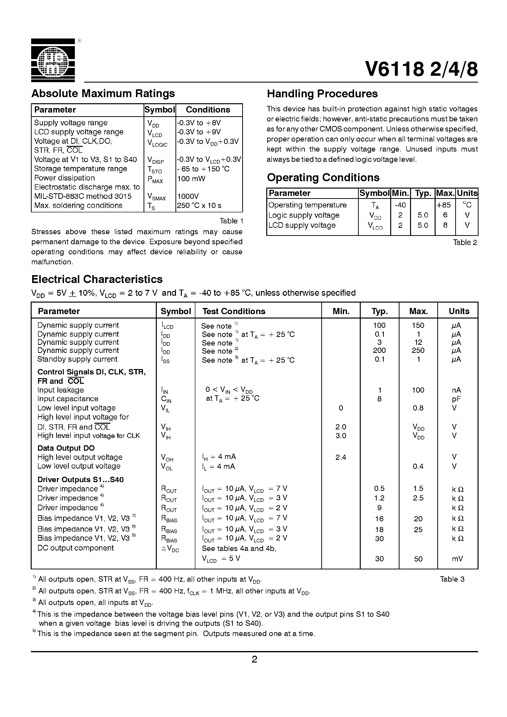 Datasheet V61182 - 2/ 4 and 8 Multiplex LCD Driver page 2