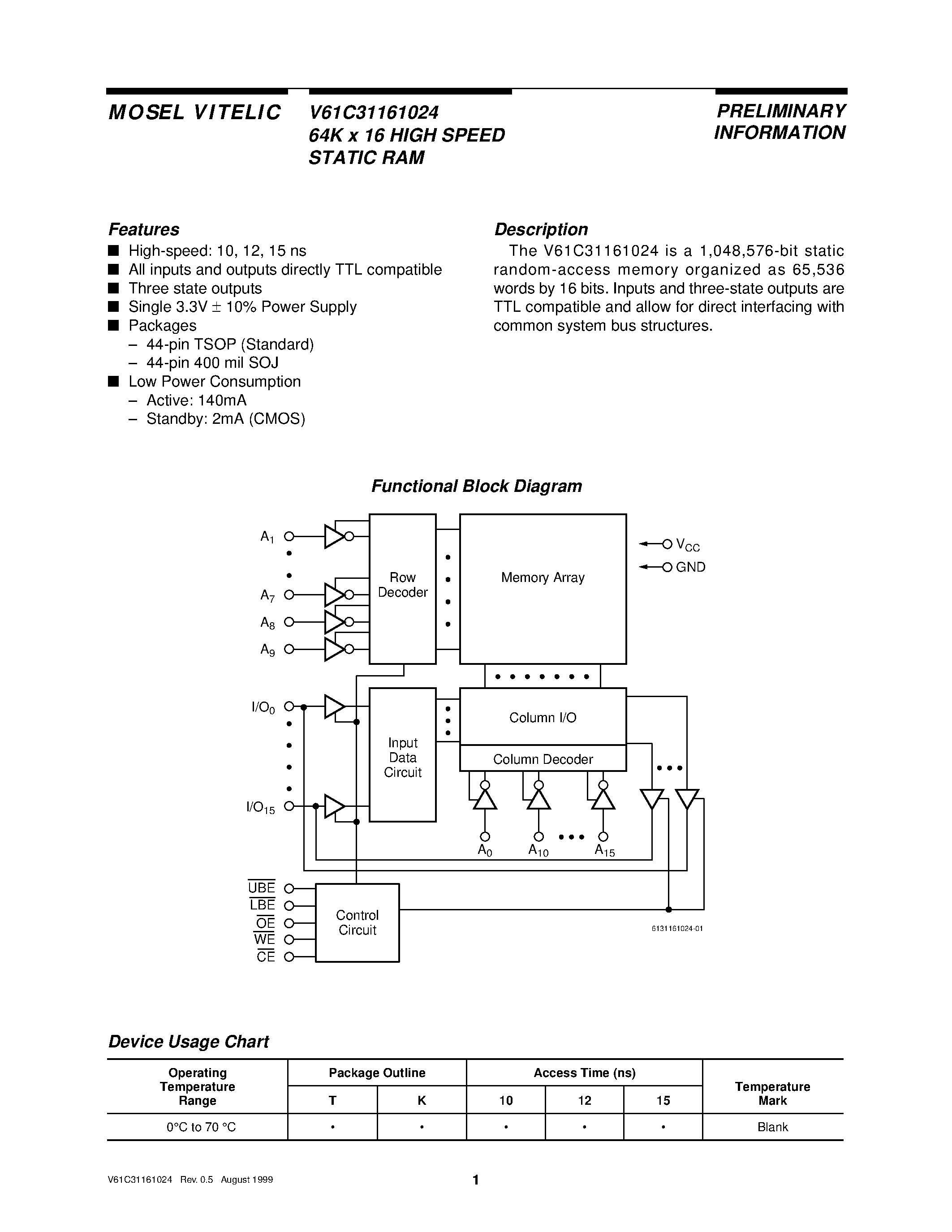 Datasheet V61C31161024 - 64K x 16 HIGH SPEED STATIC RAM page 1