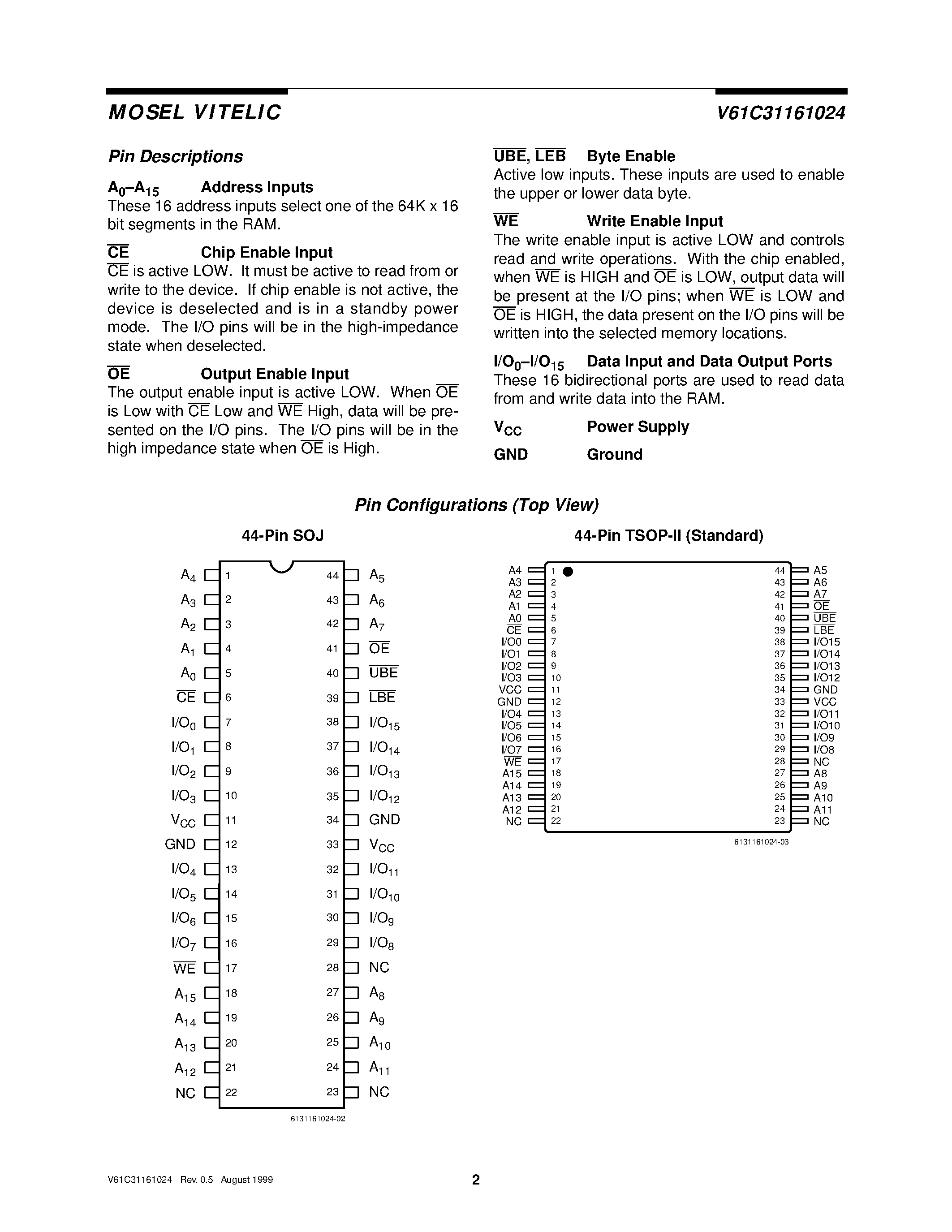 Datasheet V61C31161024 - 64K x 16 HIGH SPEED STATIC RAM page 2