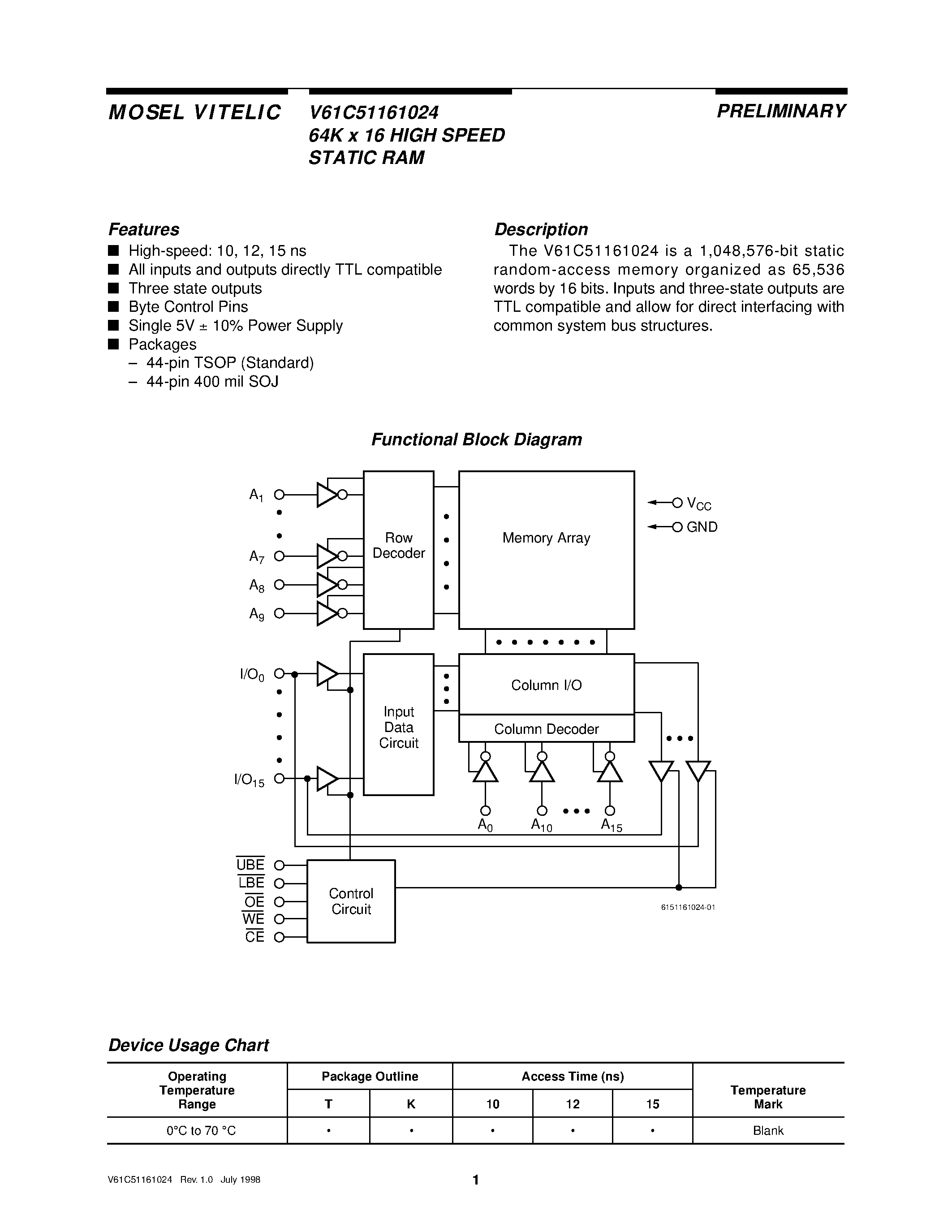 Даташит V61C51161024 - 64K x 16 HIGH SPEED STATIC RAM страница 1
