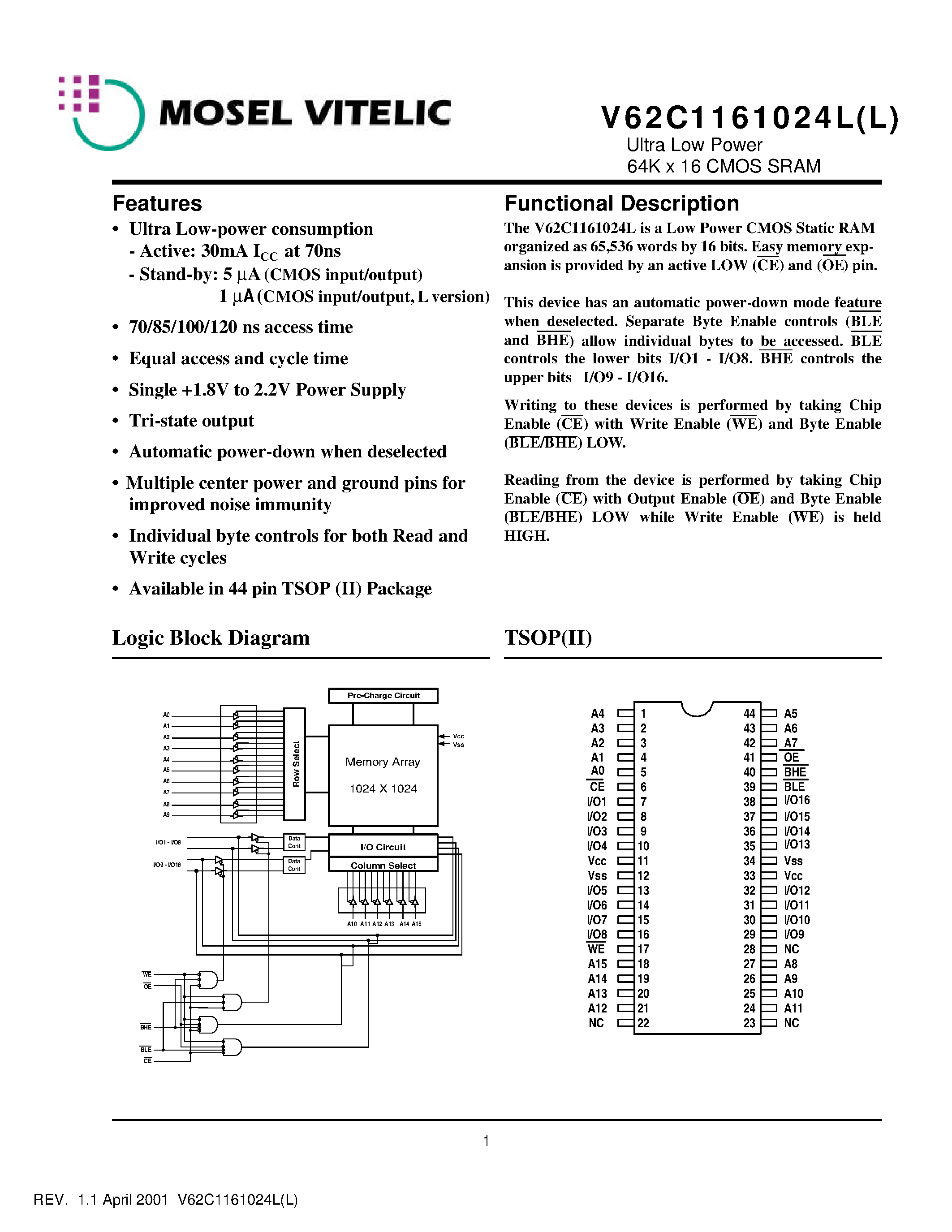 Даташит V62C1161024L - Ultra Low Power 64K x 16 CMOS SRAM страница 1