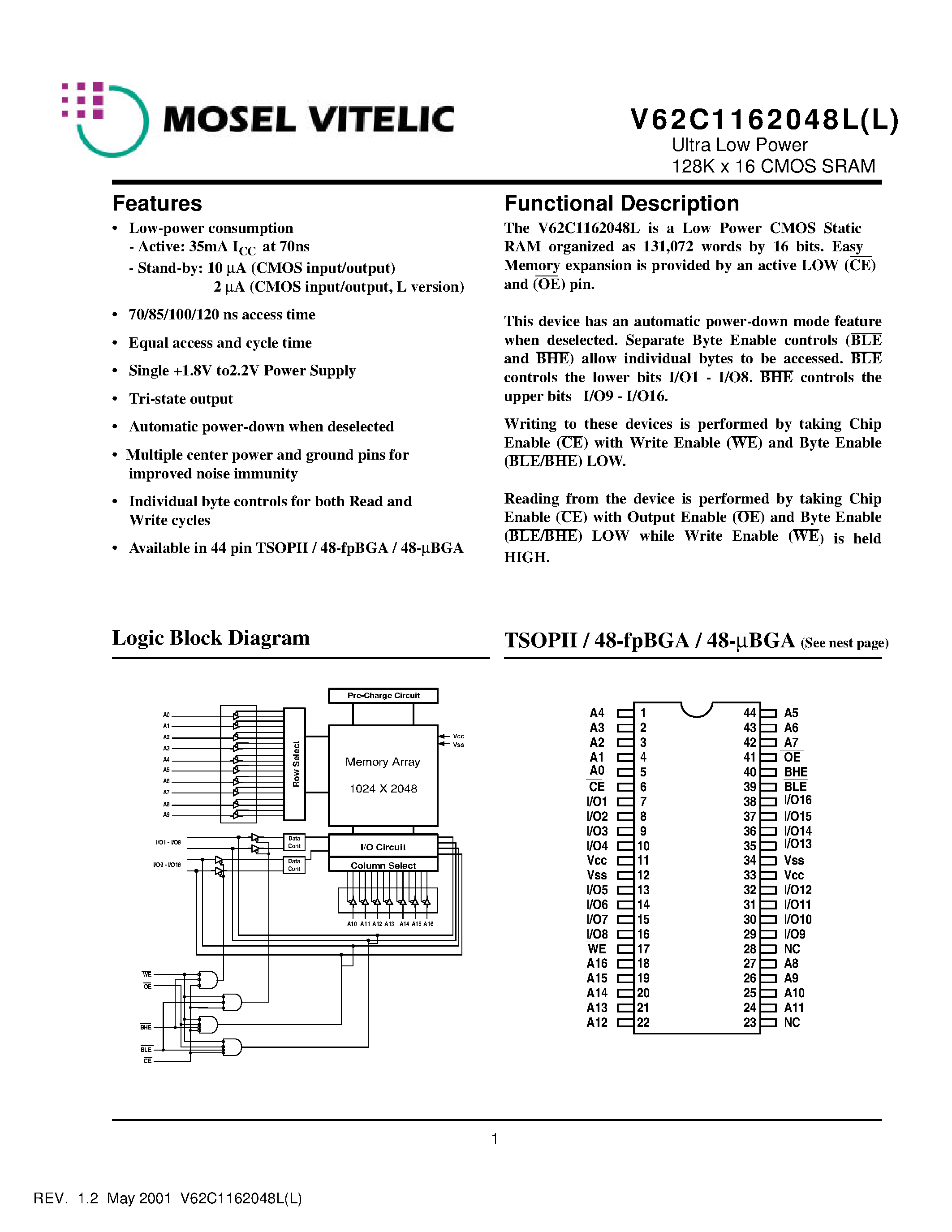 Даташит V62C1162048LL-100B - Ultra Low Power 128K x 16 CMOS SRAM страница 1