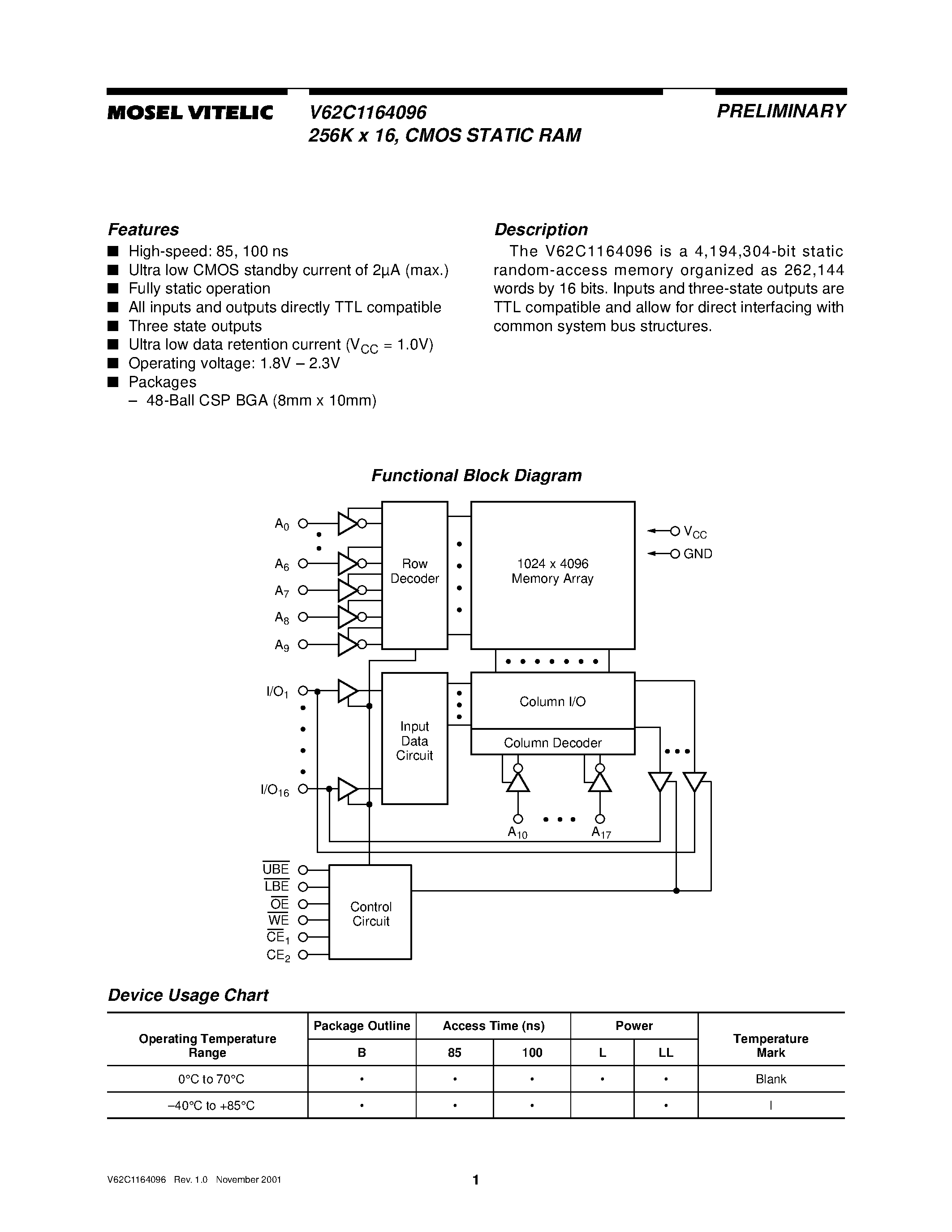 Даташит V62C1164096 - 256K x 16/ CMOS STATIC RAM страница 1