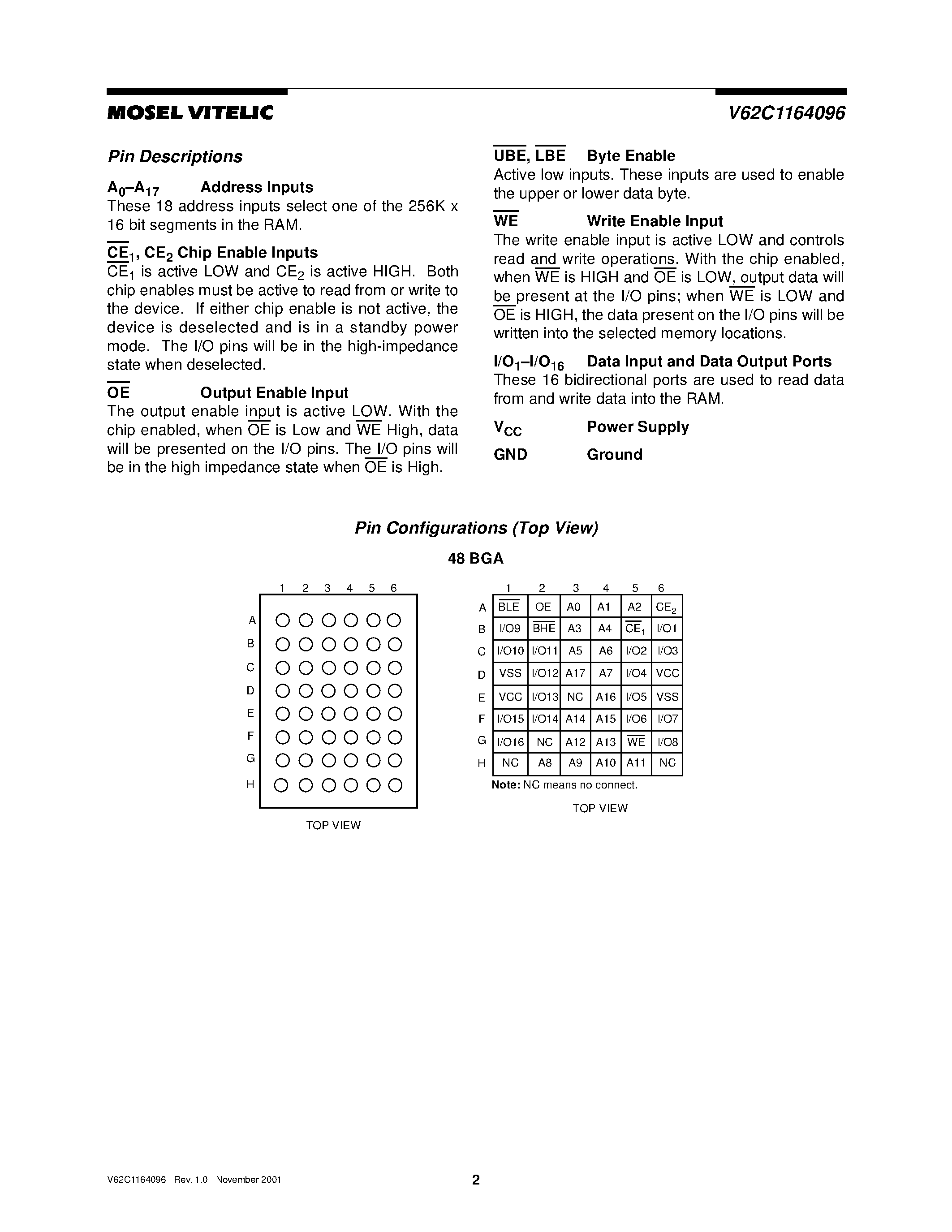 Даташит V62C1164096 - 256K x 16/ CMOS STATIC RAM страница 2