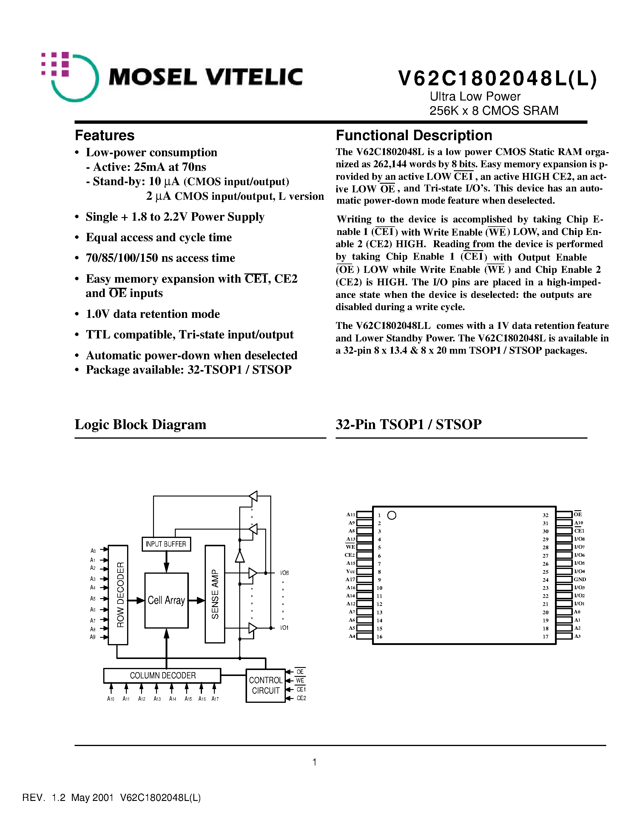 Datasheet V62C1802048LL-85T - Ultra Low Power 256K x 8 CMOS SRAM page 1