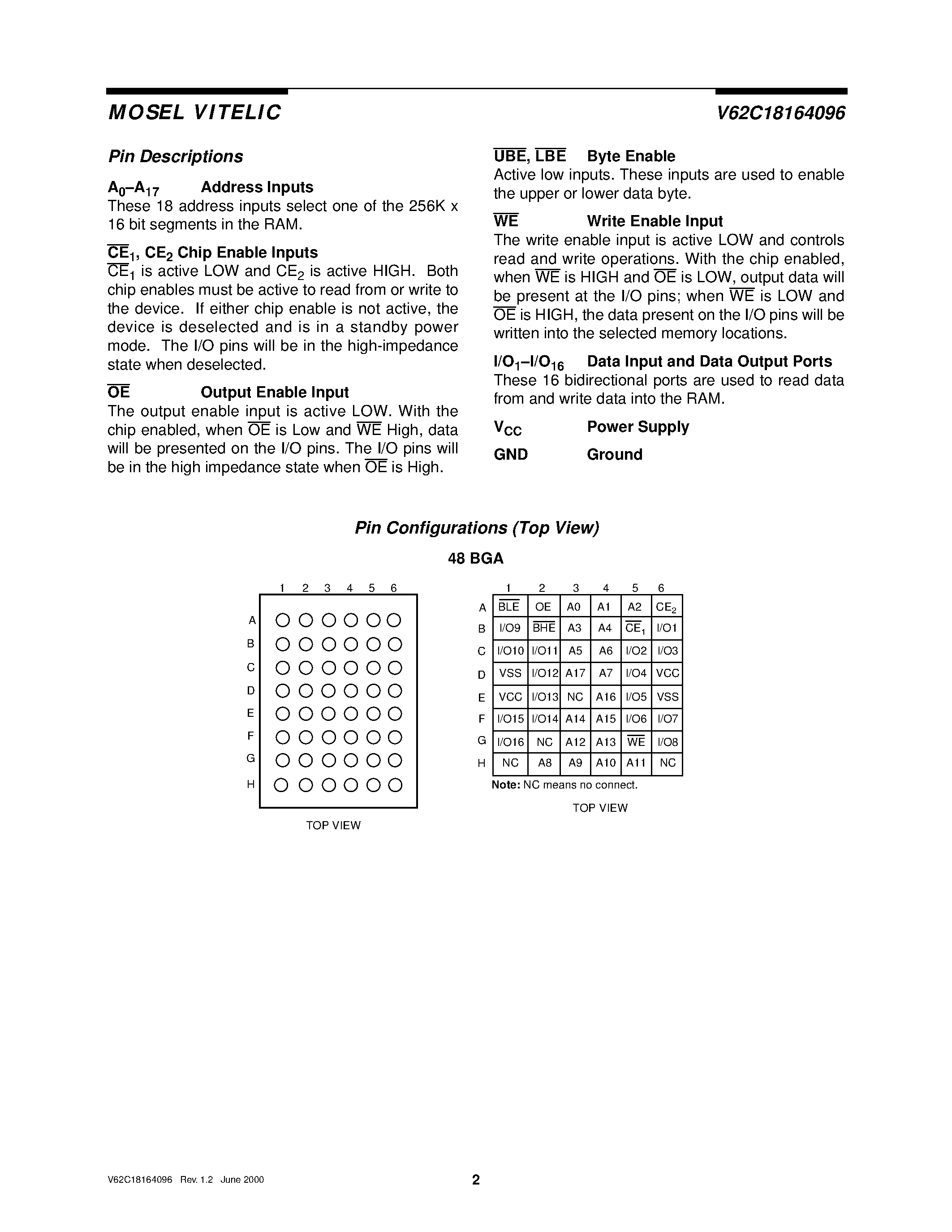 Даташит V62C18164096L - 256K x 16/ CMOS STATIC RAM страница 2