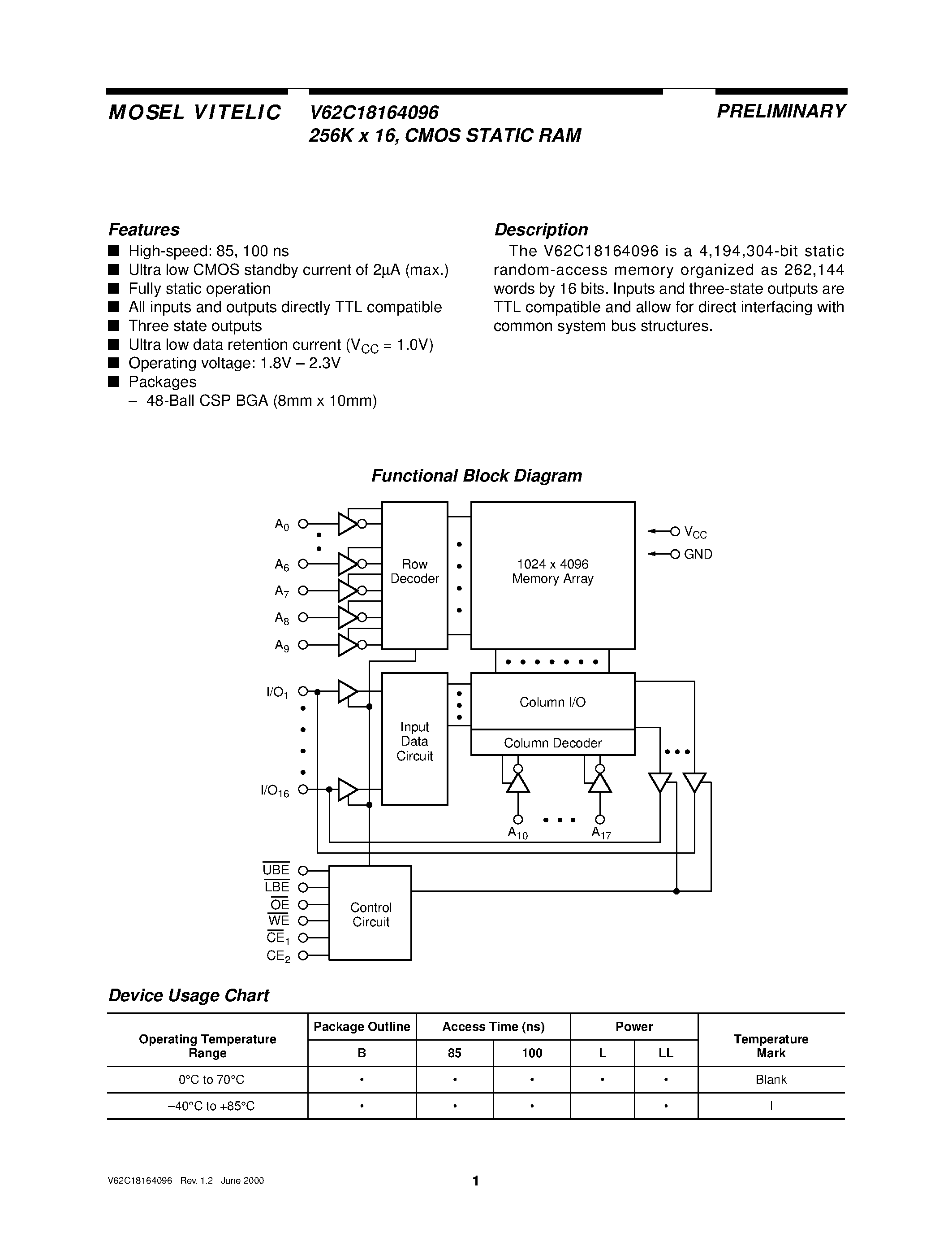Даташит V62C18164096L-100B - 256K x 16/ CMOS STATIC RAM страница 1