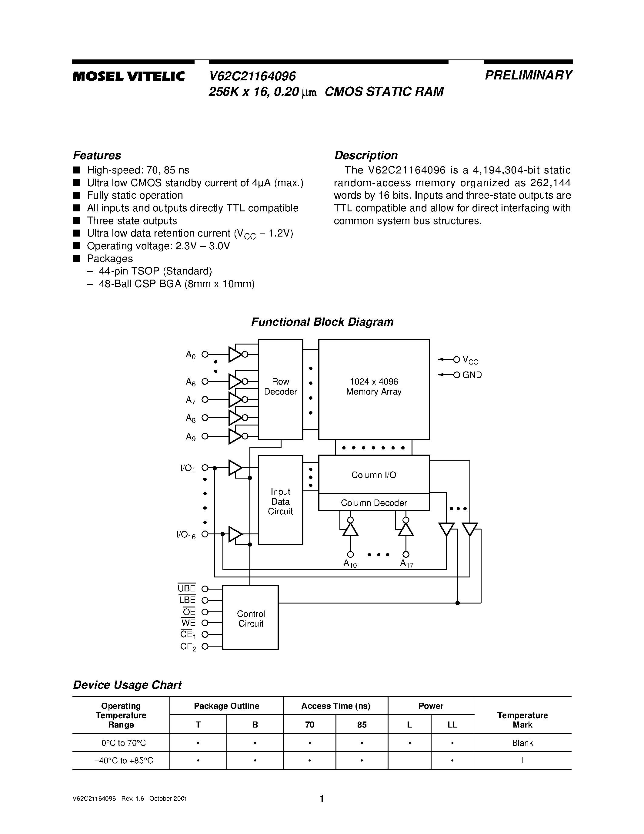 Datasheet V62C21164096 page 1 Datasheet V62C21164096 - 256K x 16/ 0.20 um CMOS STATIC RAM page 1