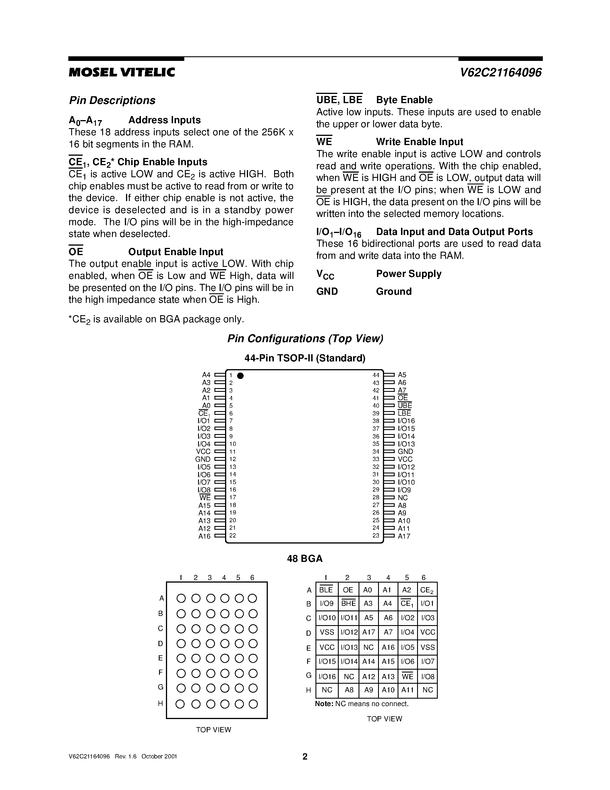 Datasheet V62C21164096 page 2 Datasheet V62C21164096 - 256K x 16/ 0.20 um CMOS STATIC RAM page 2