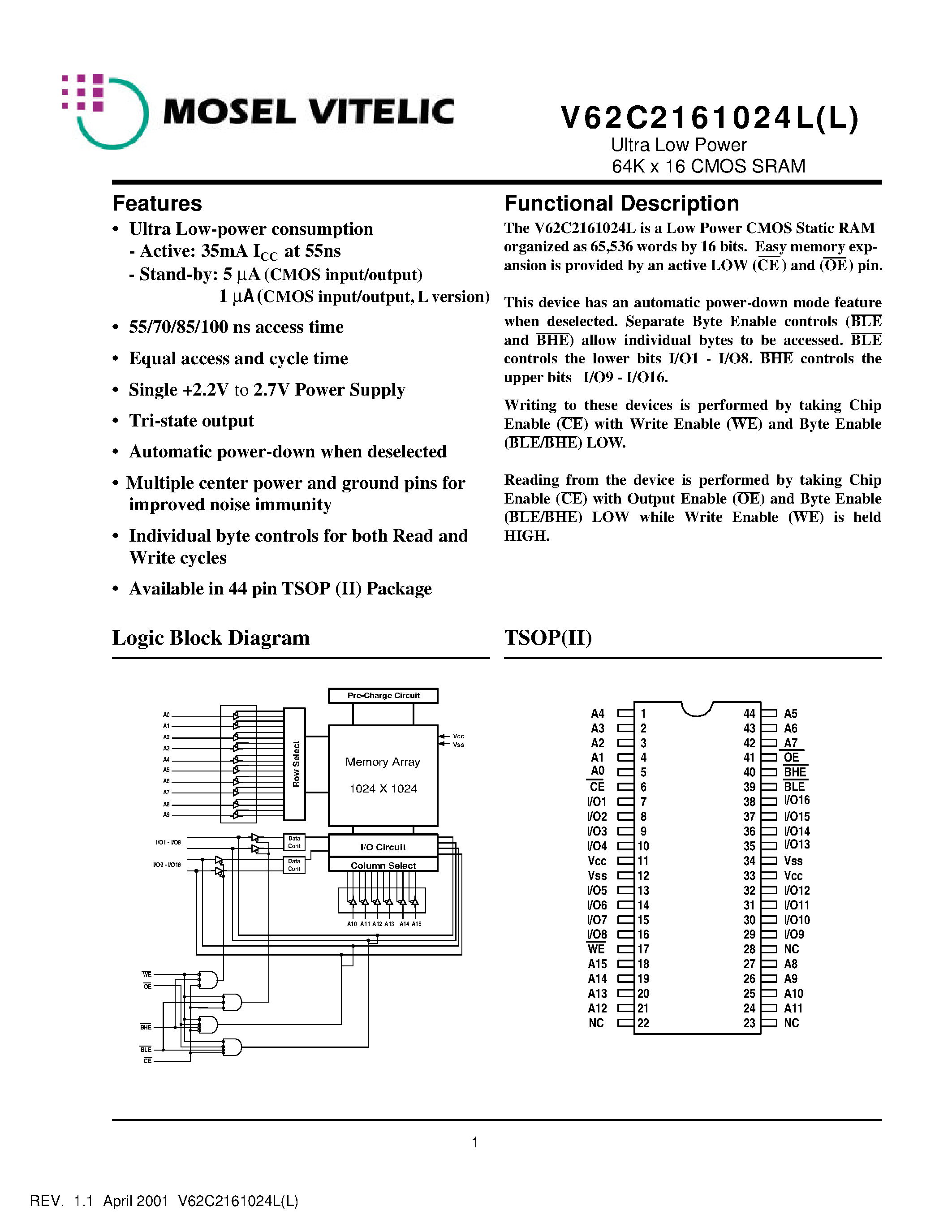 Даташит V62C2161024LL-55T - Ultra Low Power 64K x 16 CMOS SRAM страница 1