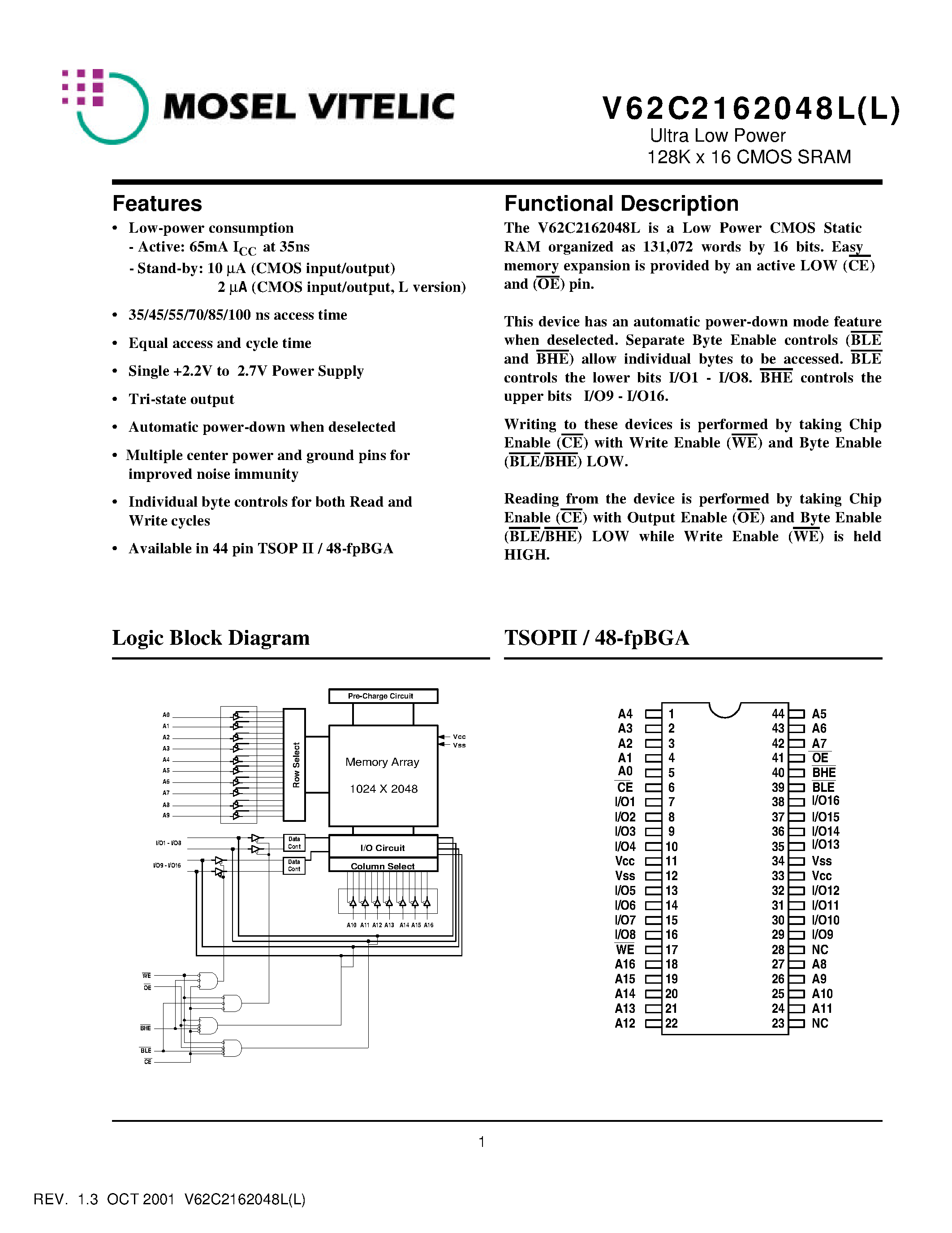 Даташит V62C2162048LL-85B - Ultra Low Power 128K x 16 CMOS SRAM страница 1