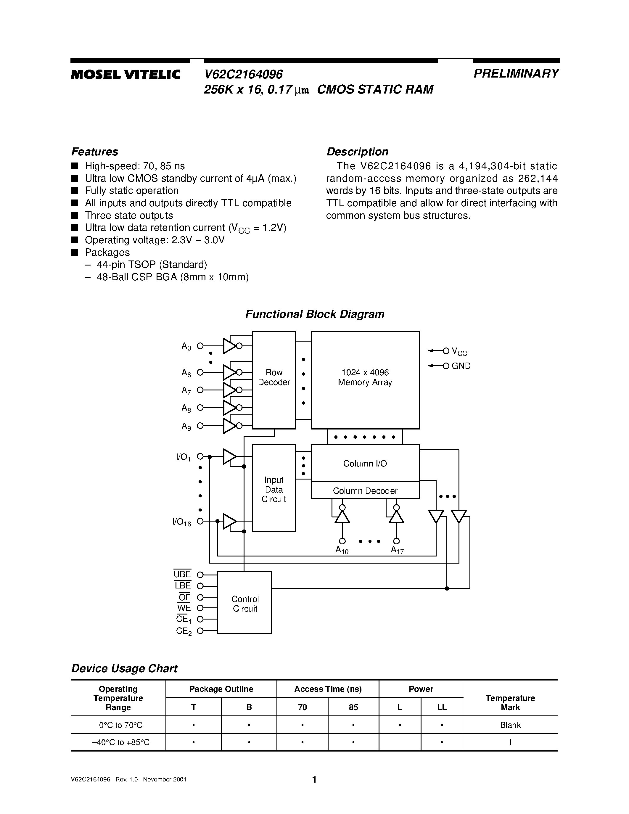 Datasheet V62C2164096 page 1 Datasheet V62C2164096 - 256K x 16/ 0.17 um CMOS STATIC RAM page 1