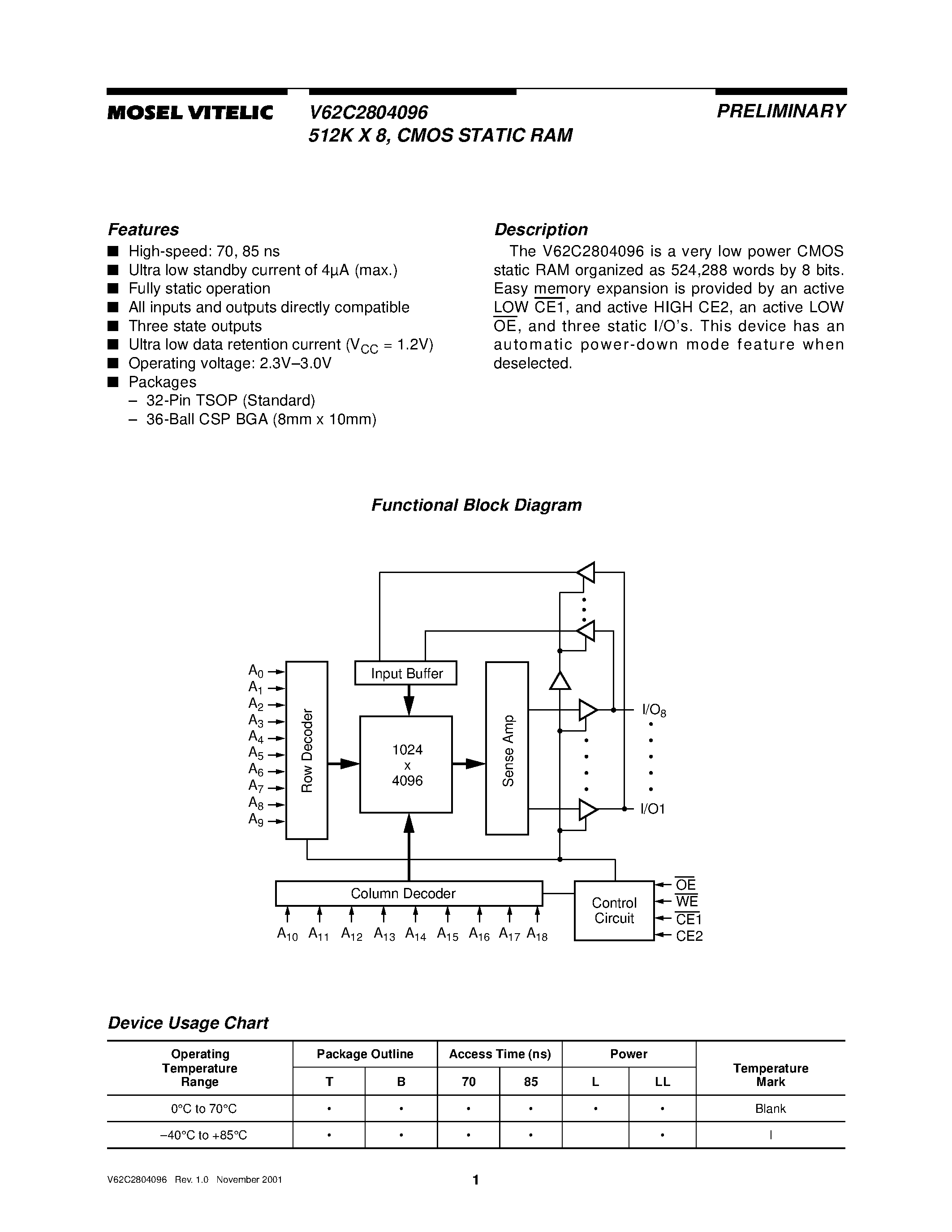 Datasheet V62C2804096 - 512K X 8/ CMOS STATIC RAM page 1