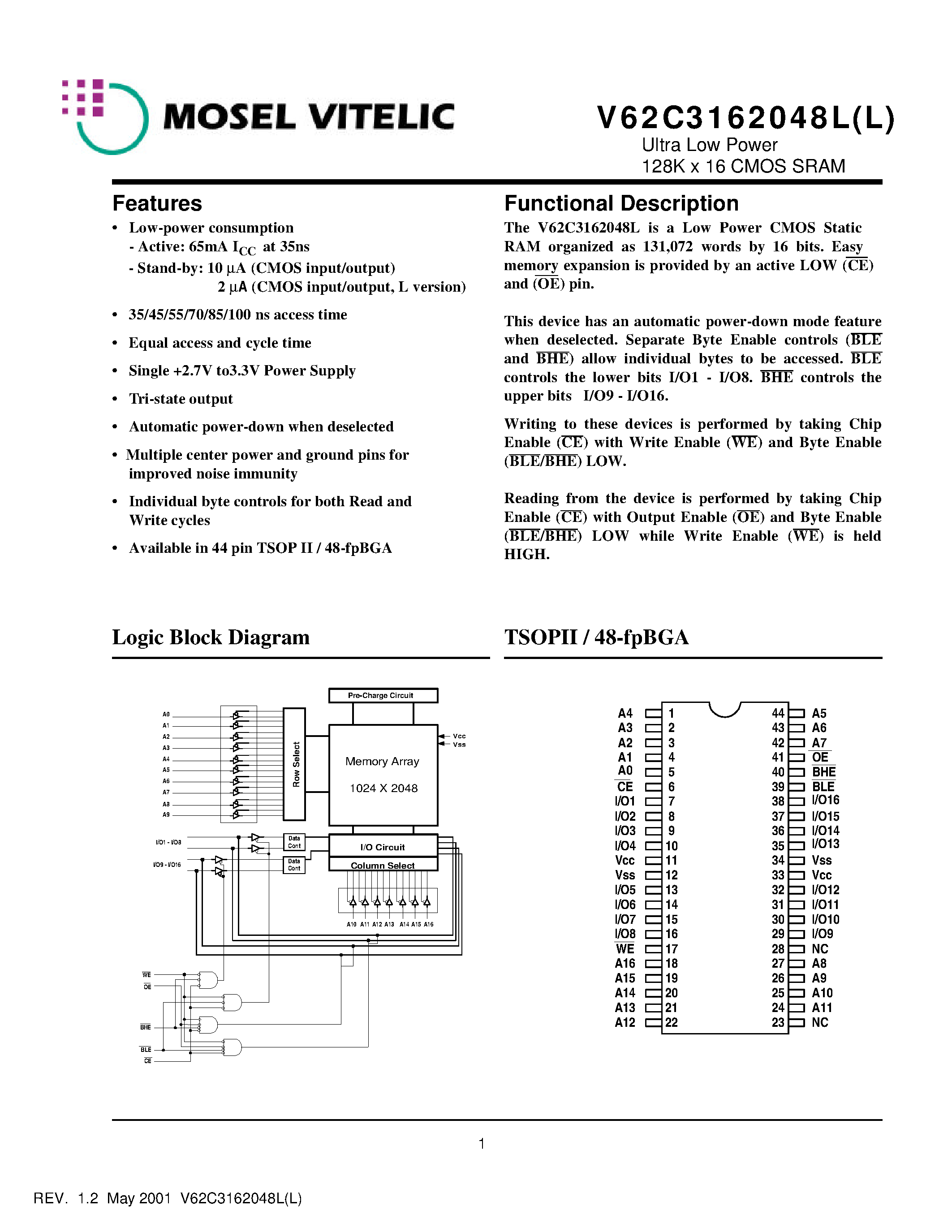 Даташит V62C3162048L-35T - Ultra Low Power 128K x 16 CMOS SRAM страница 1