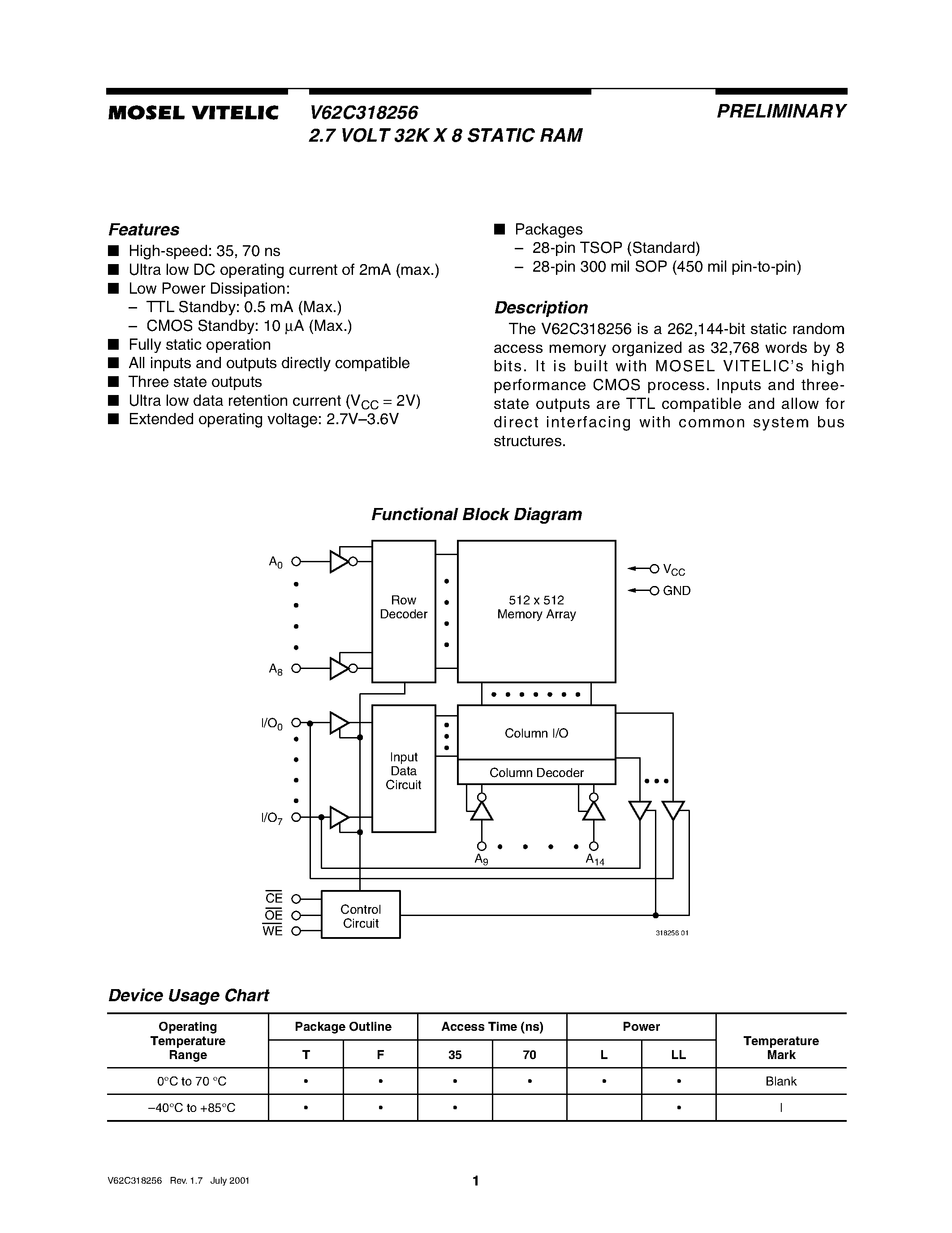Datasheet V62C318256 - 2.7 VOLT 32K X 8 STATIC RAM page 1