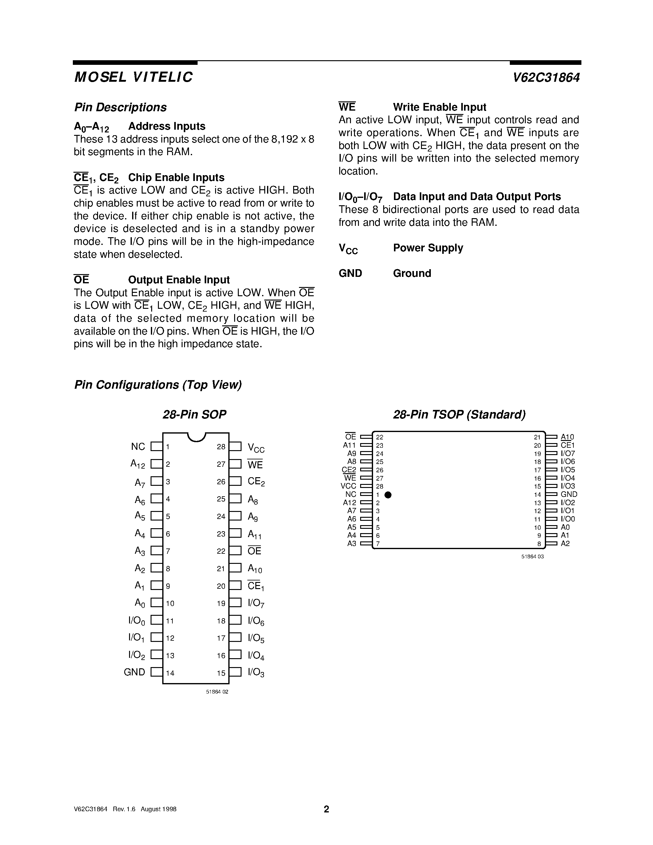 Datasheet V62C31864 - 2.7 VOLT 8K X 8 STATIC RAM page 2