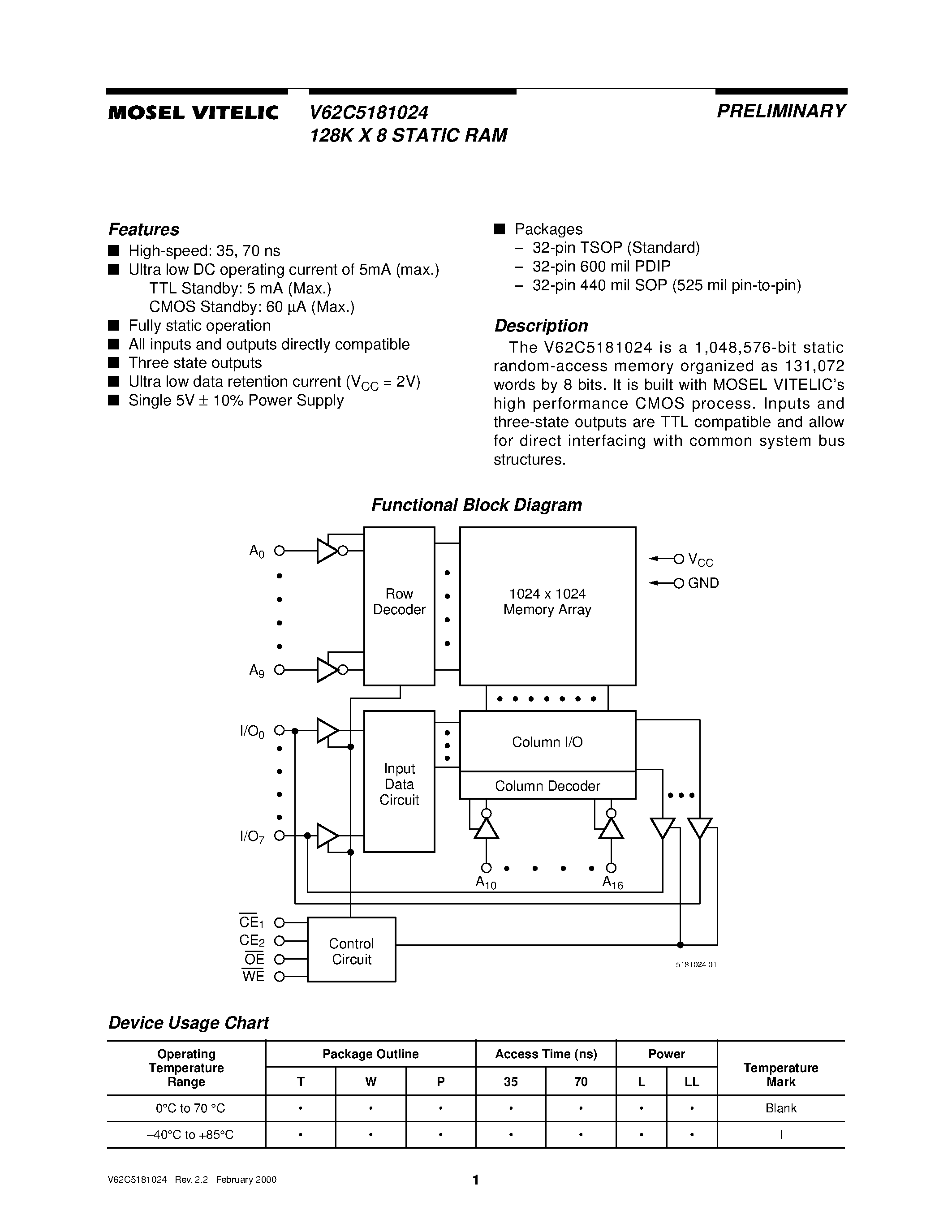 Даташит V62C5181024L-70W - 128K X 8 STATIC RAM страница 1