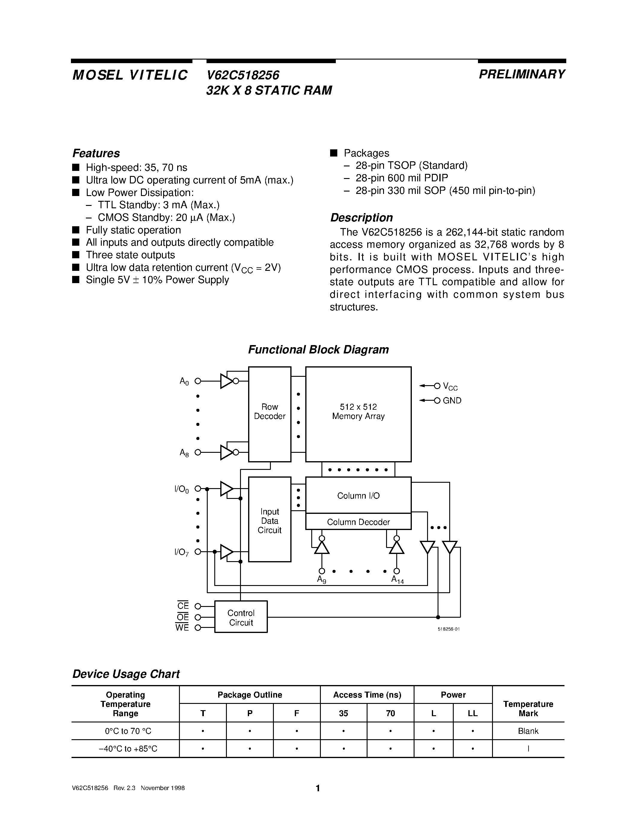 Даташит V62C518256 - 32K X 8 STATIC RAM страница 1