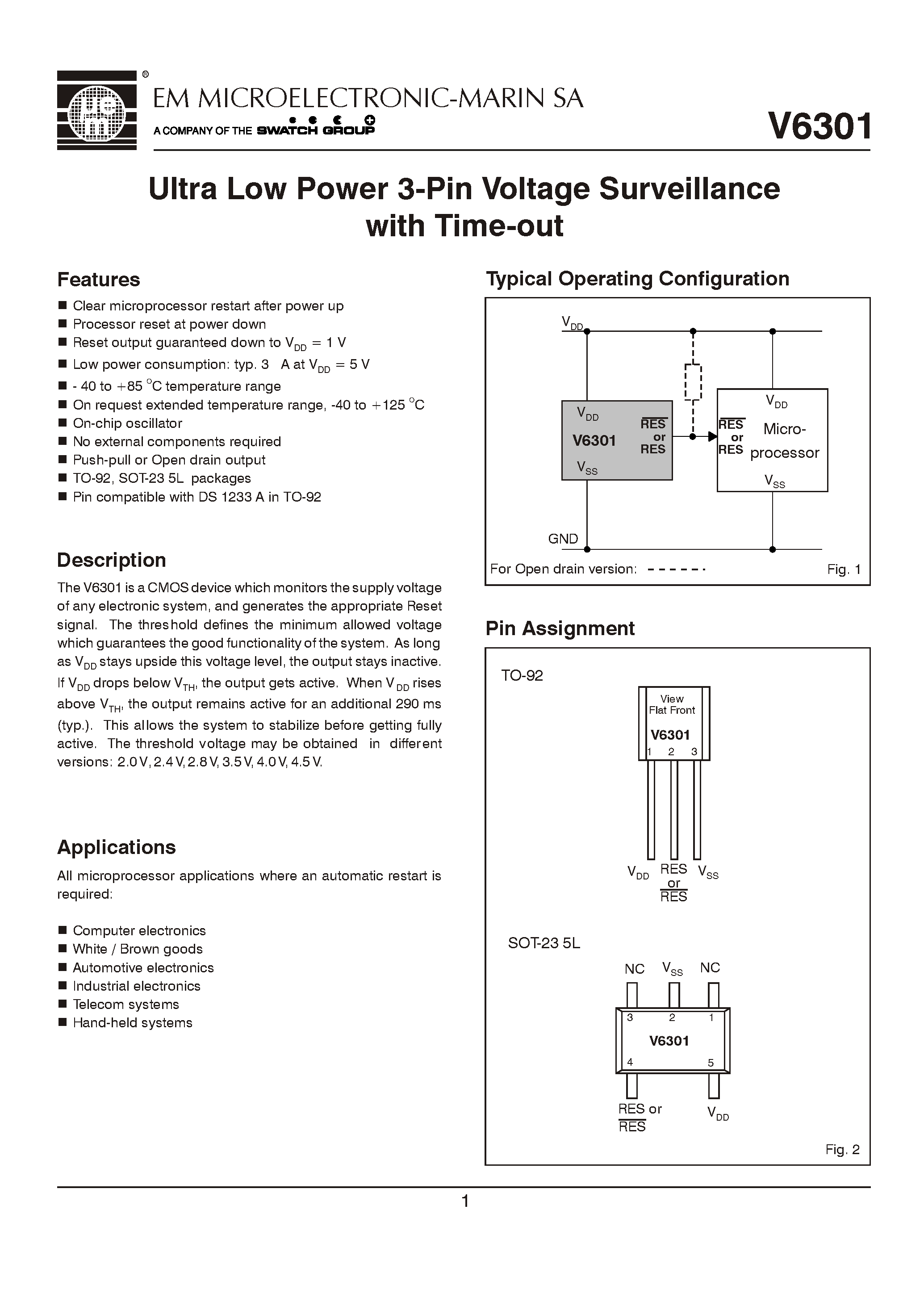 Datasheet V6301 - Ultra Low Power 3-Pin Voltage Surveillance with Time-out page 1