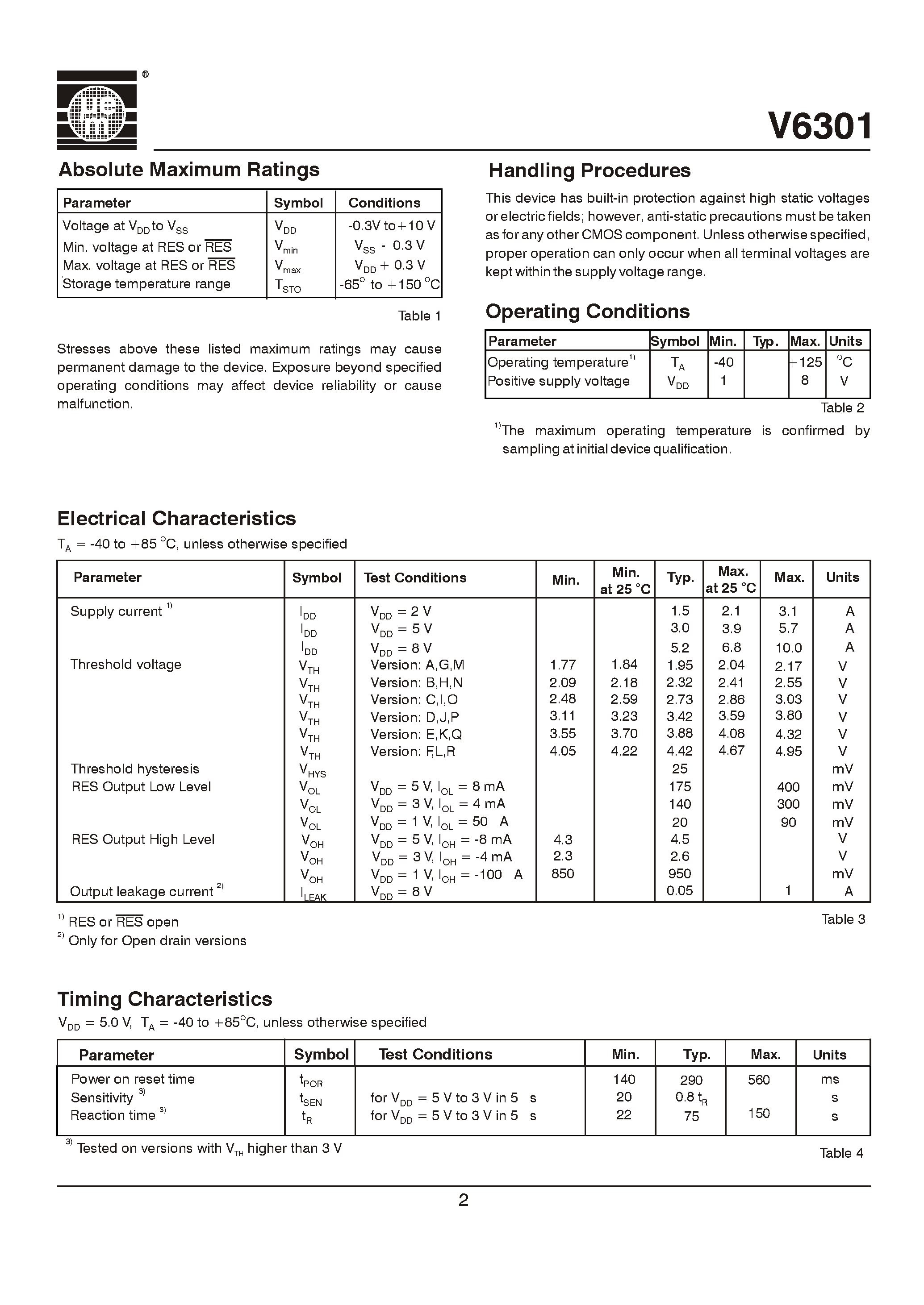 Datasheet V6301 - Ultra Low Power 3-Pin Voltage Surveillance with Time-out page 2