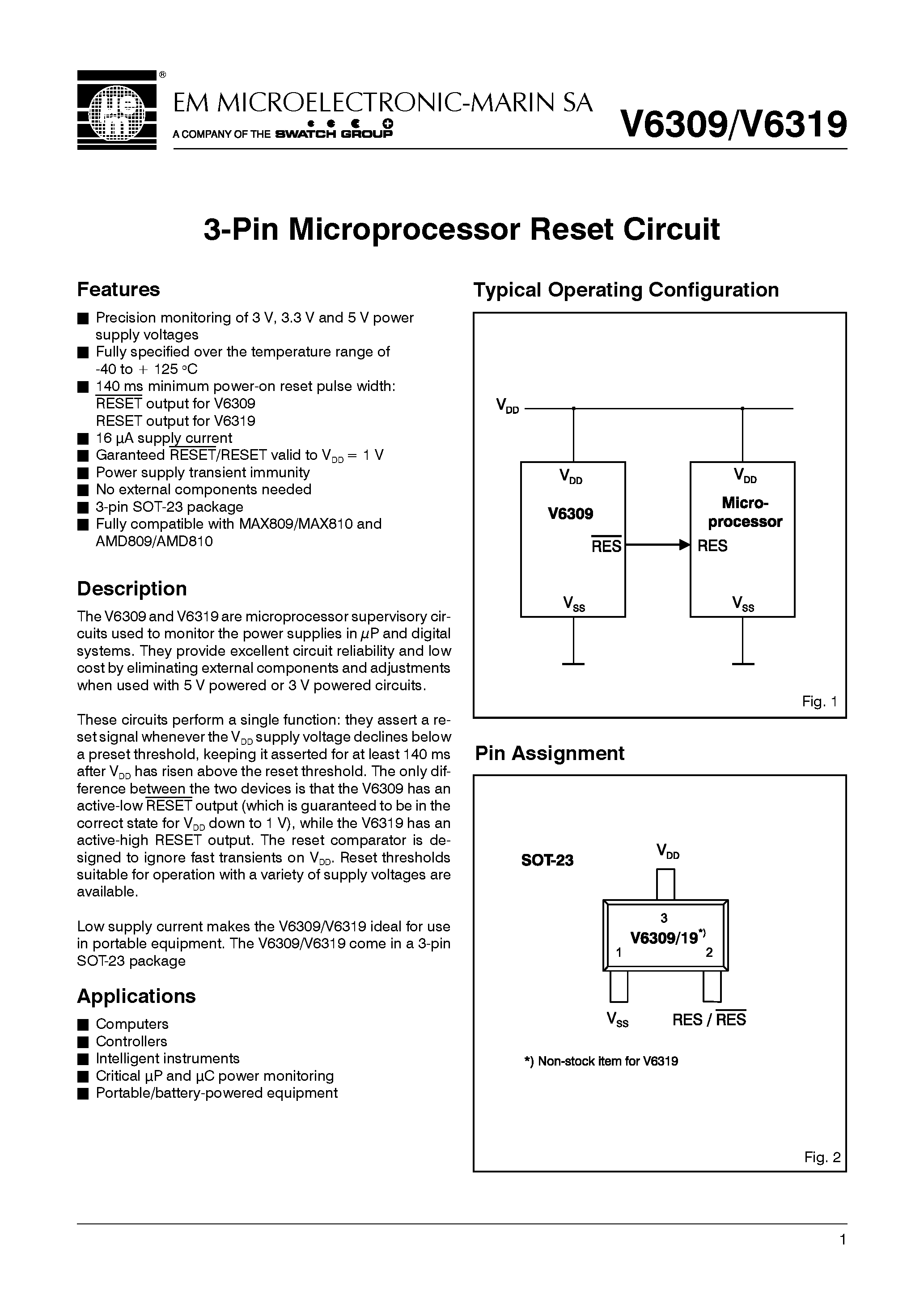 Datasheet V6309 - 3-Pin Microprocessor Reset Circuit page 1