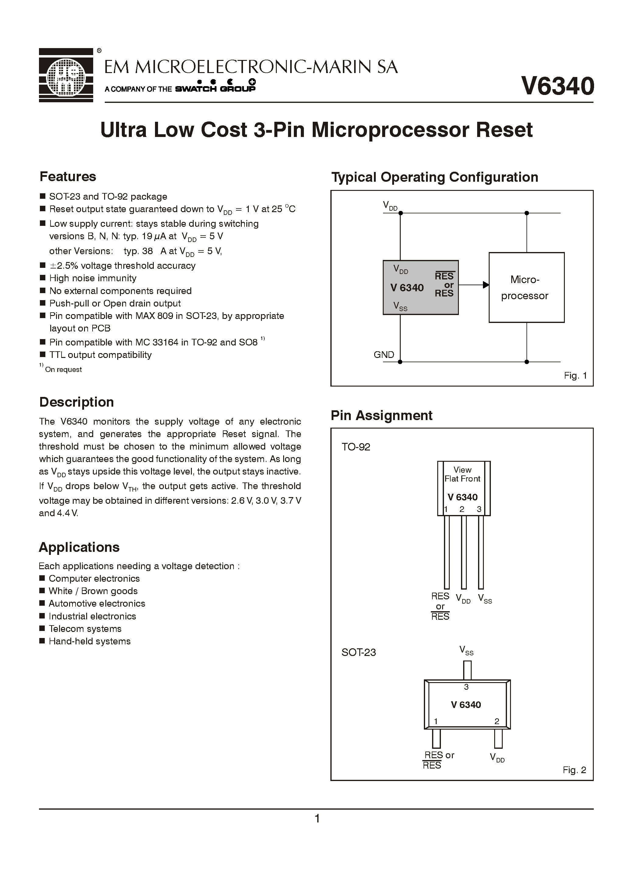 Datasheet V6340 - Ultra Low Cost 3-Pin Microprocessor Reset page 1