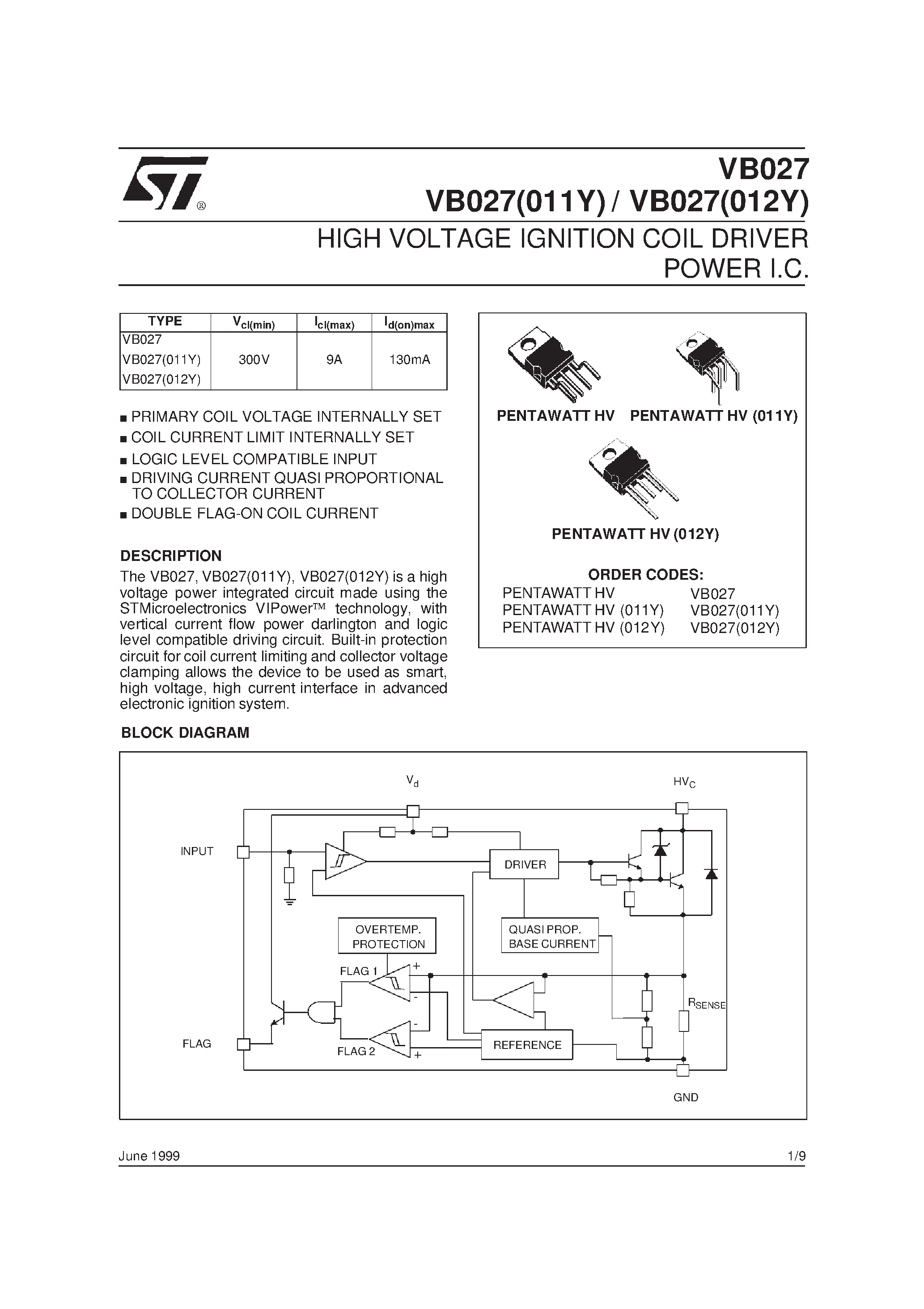 Datasheet VB027 page 1 Datasheet VB027 - HIGH VOLTAGE IGNITION COIL DRIVER POWER I.C. page 1