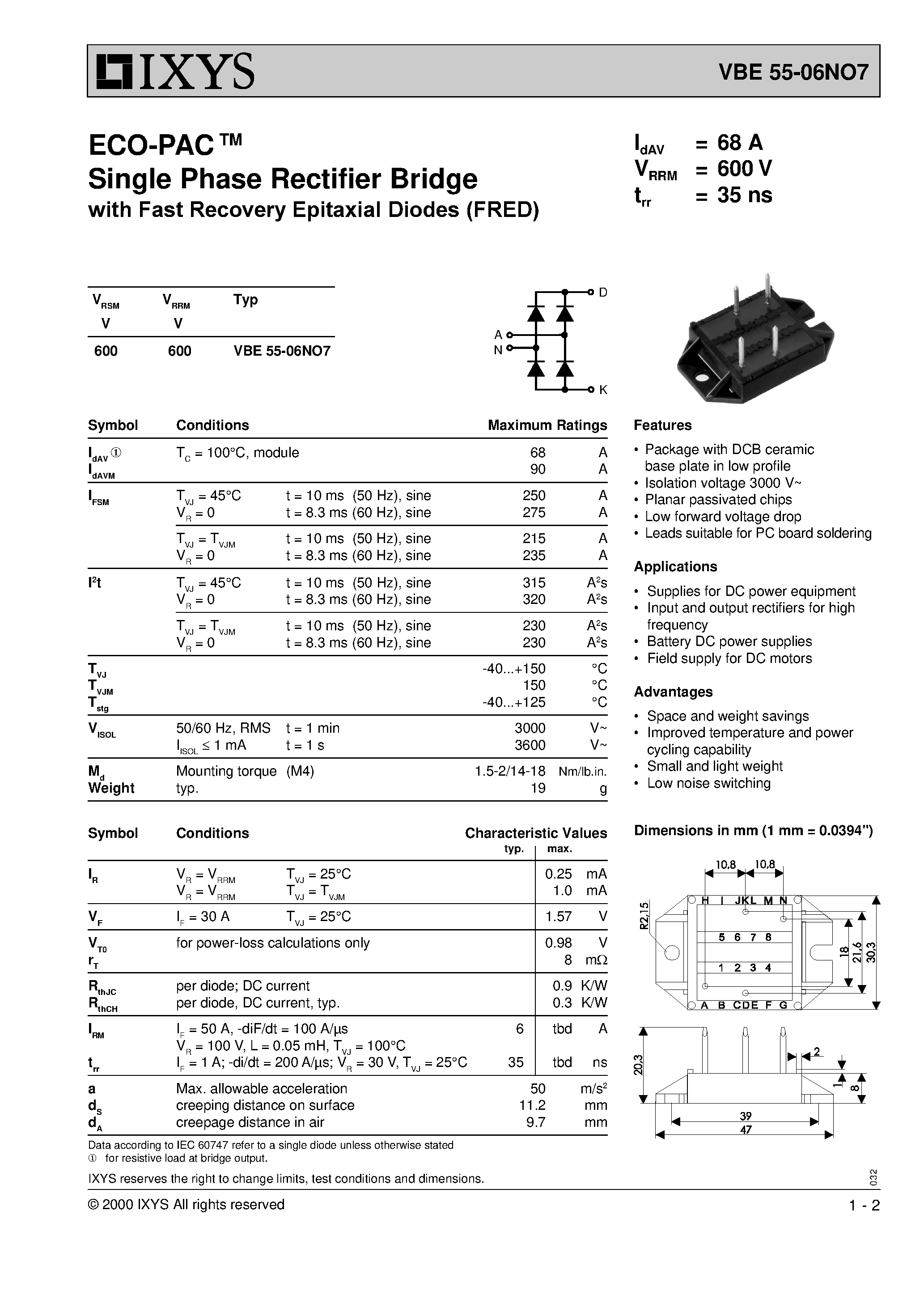 Datasheet VBE55-06NO7 - ECO-PAC Single Phase Rectifier Bridge WITH FAST RECOVERY EPITAXIAL DIODES (FRED) page 1