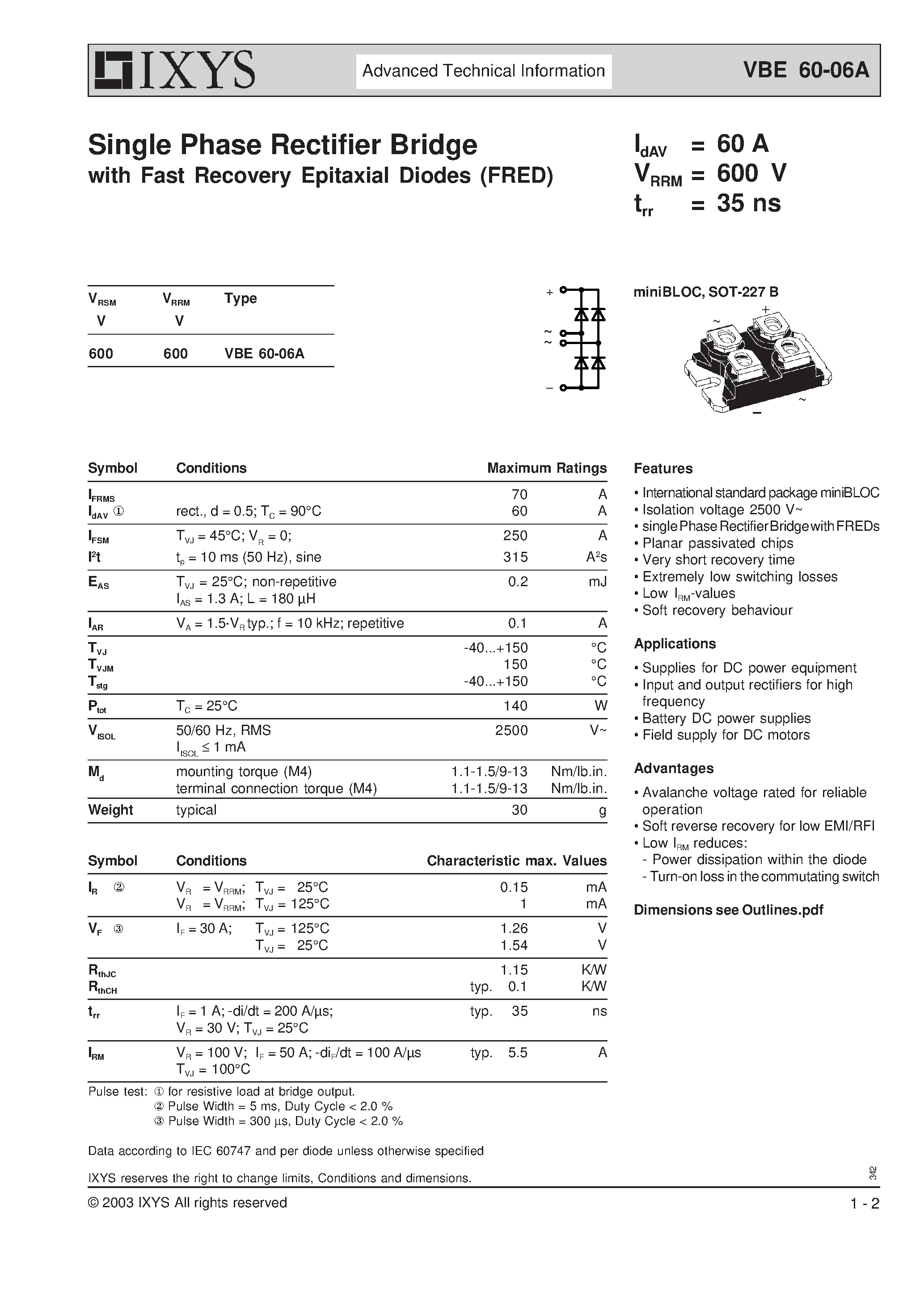 Datasheet VBE60-06A - Single Phase Rectifier Bridge with Fast Recovery Epitaxial Diodes (FRED) page 1