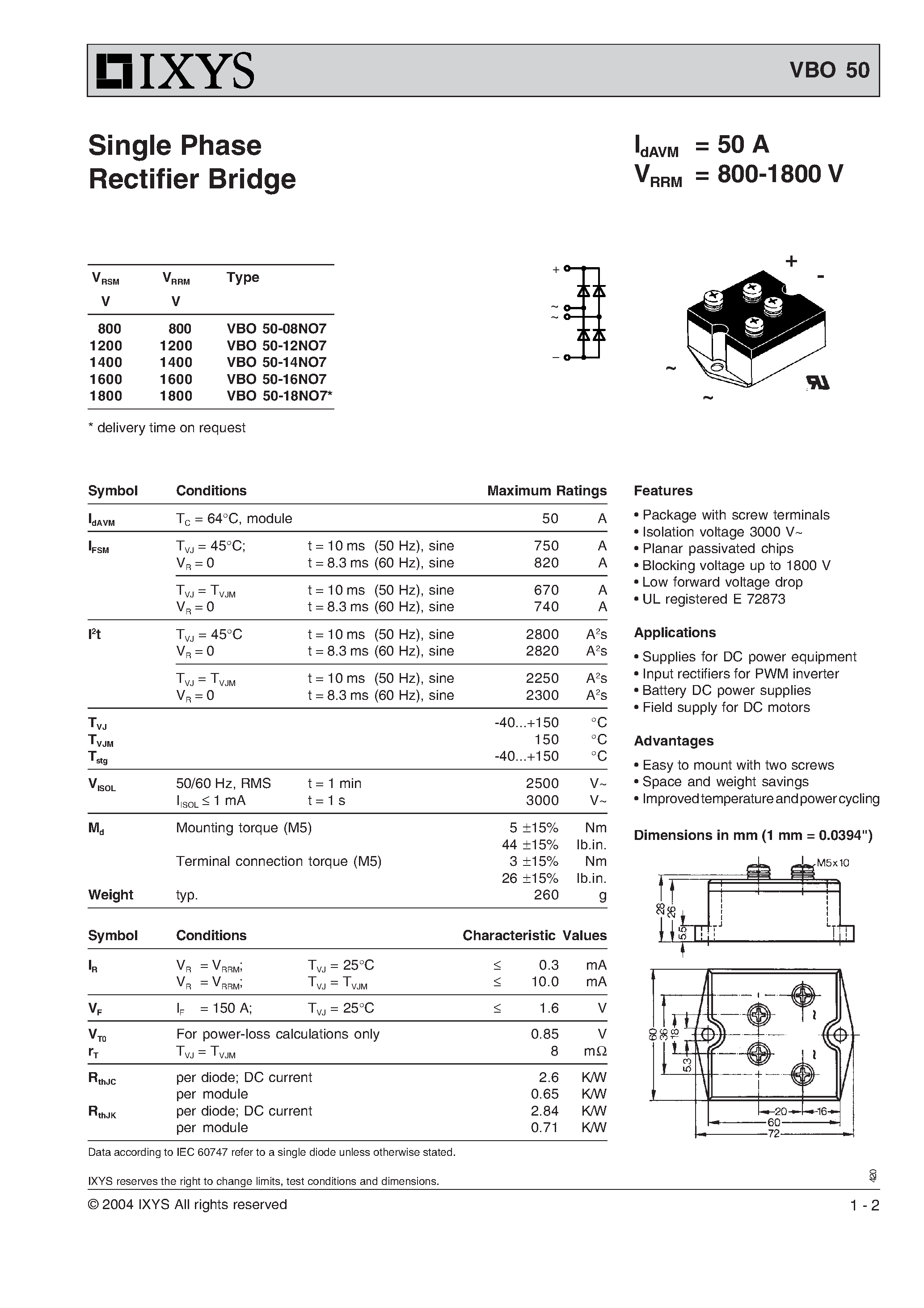 Datasheet VBO50 - Single Phase Rectifier Bridge page 1