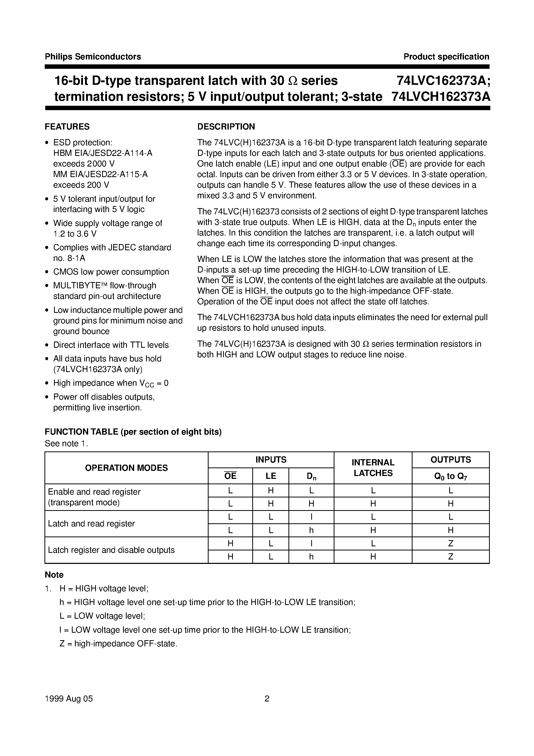 Datasheet VC162373ADGG - 16-bit D-type transparent latch with 30 ohm series termination resistors; 5 V input/output tolerant; 3-state page 2
