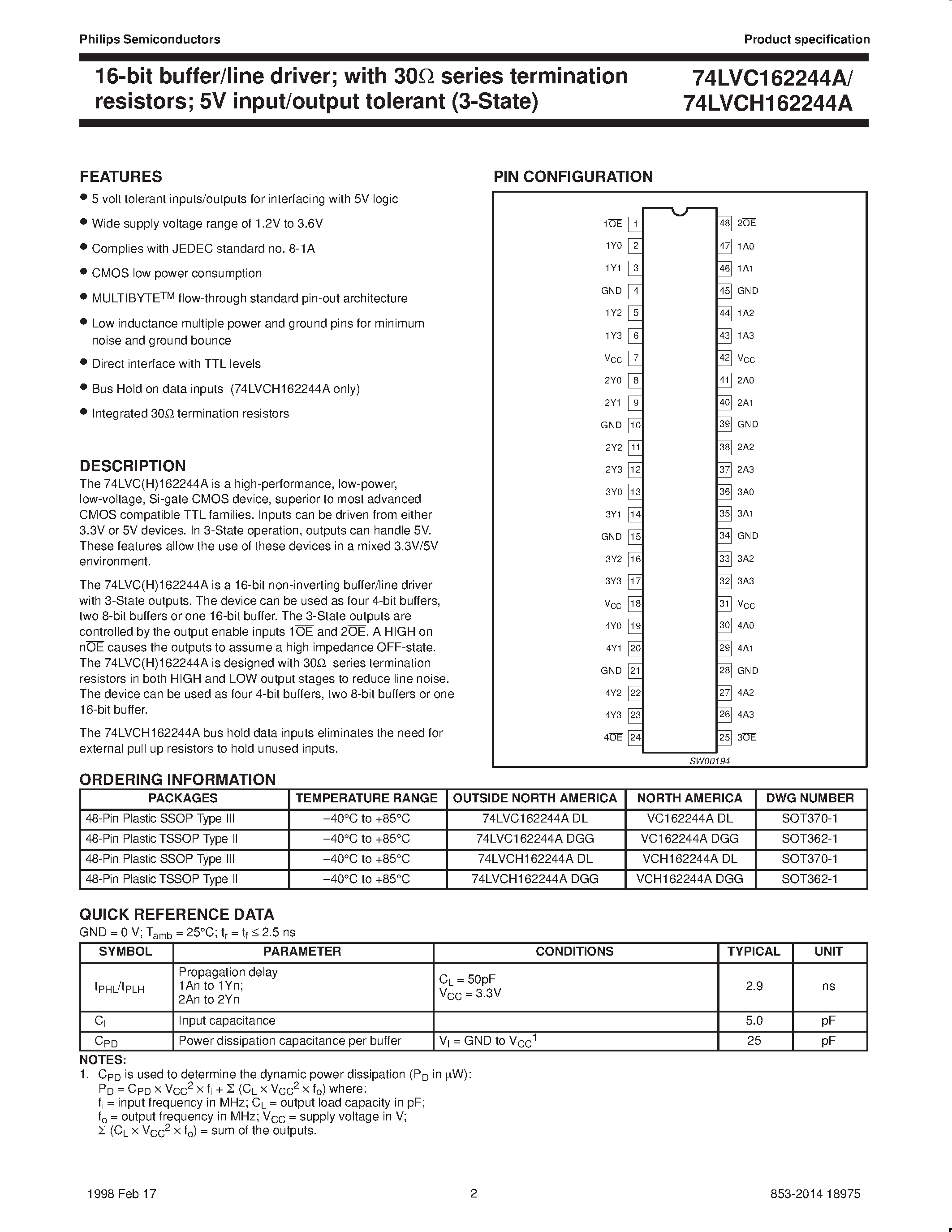 Datasheet VCH162244ADGG page 2 Datasheet VCH162244ADGG - 16-bit buffer/line driver; with 30ohm series termination resistors/ 5V input/output tolerant 3-State page 2