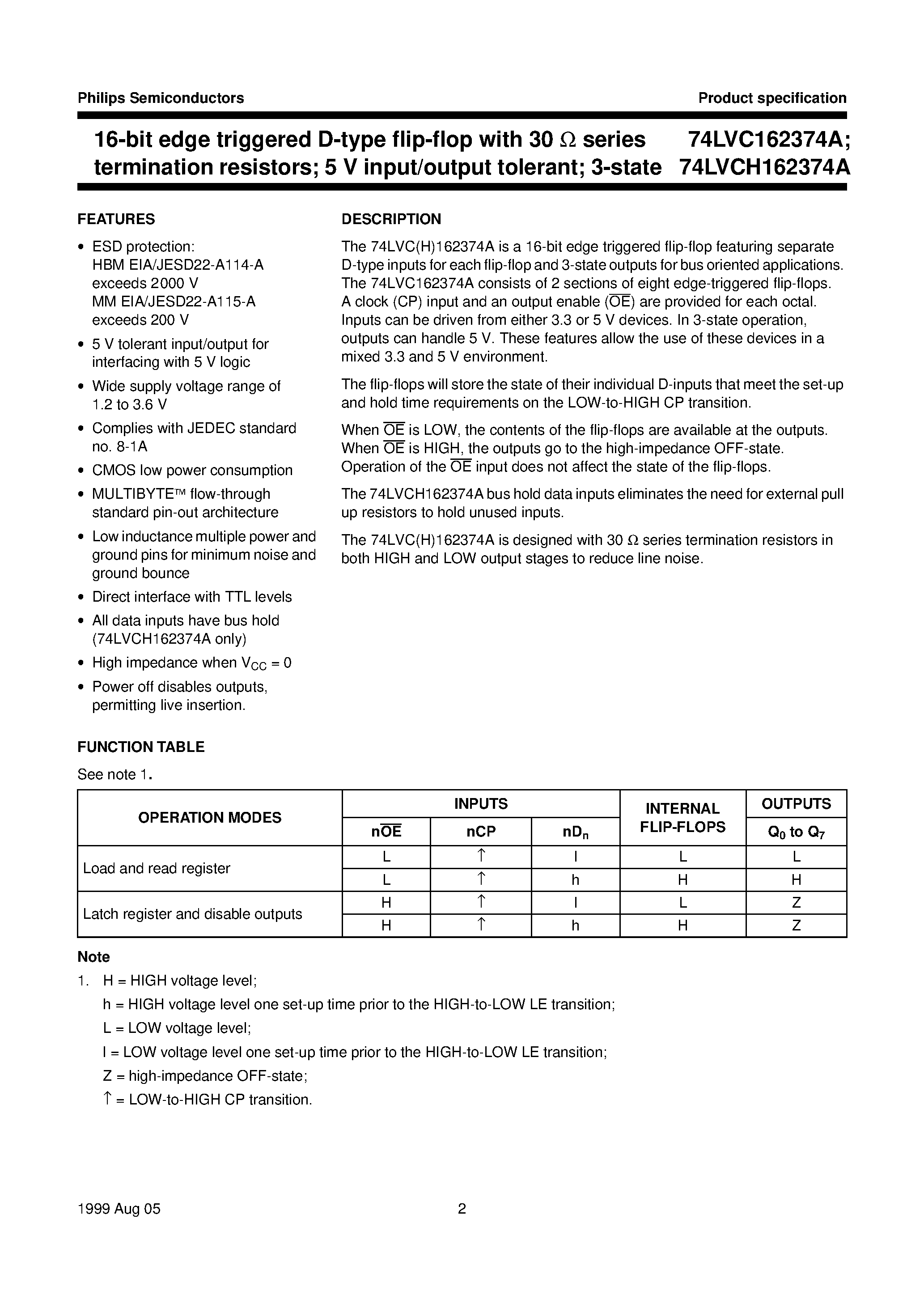 Datasheet VCH162374ADGG page 2 Datasheet VCH162374ADGG - 16-bit edge triggered D-type flip-flop with 30 ohmseries termination resistors; 5 V input/output tolerant; 3-state page 2