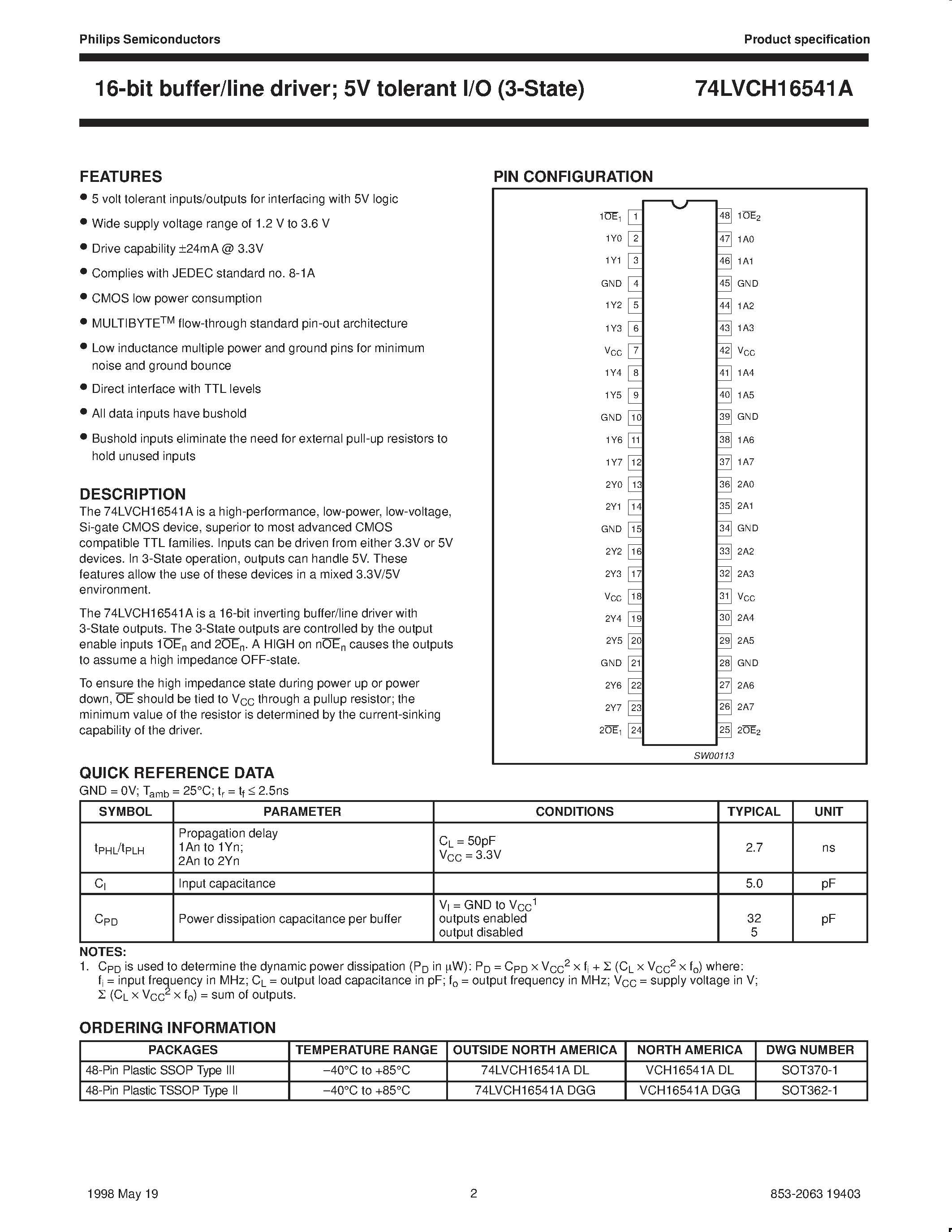 Datasheet VCH16541ADGG page 2 Datasheet VCH16541ADGG - 16-bit buffer/line driver 3-State page 2