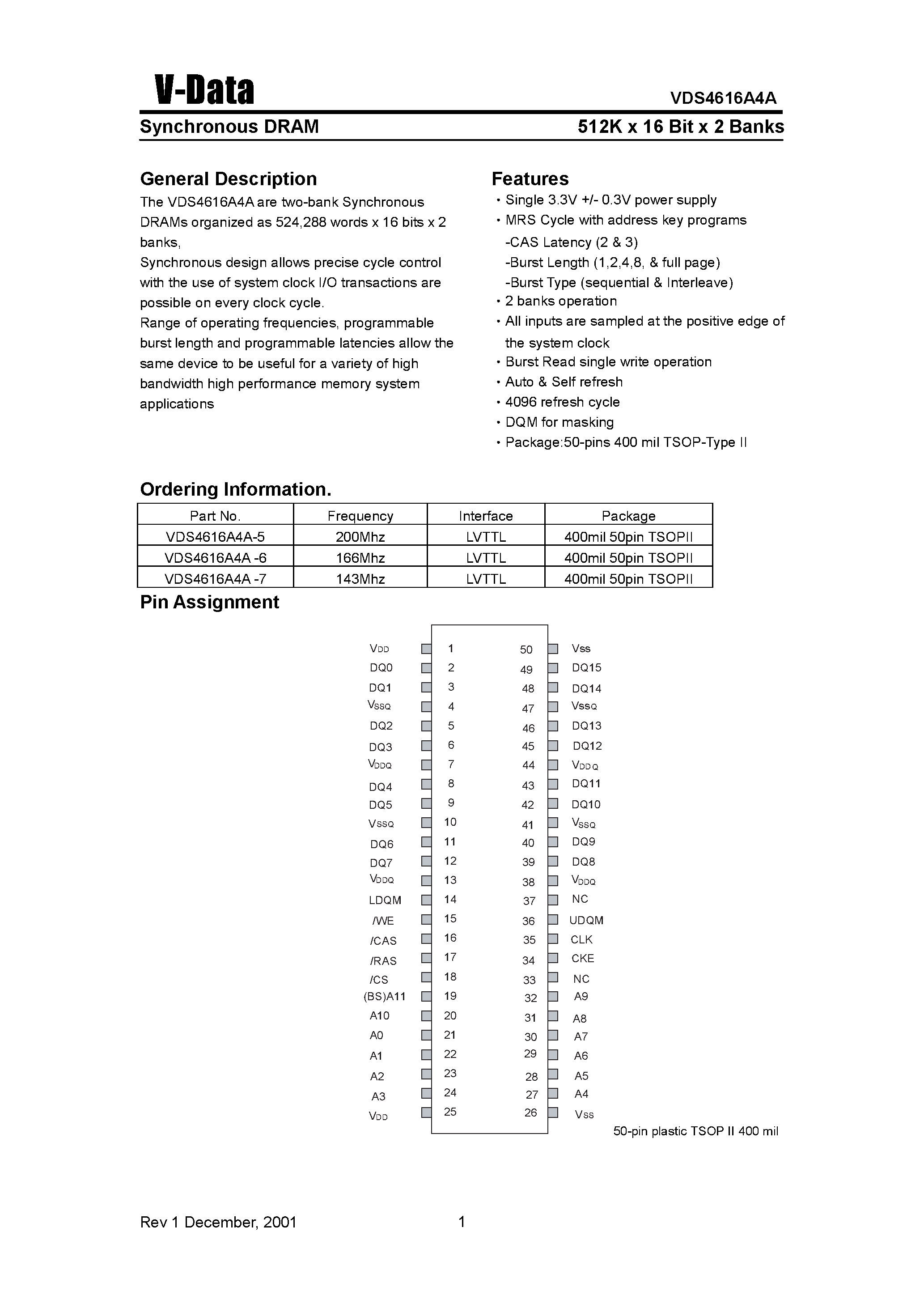 Datasheet VDS4616A4A-7 page 1 Datasheet VDS4616A4A-7 - Synchronous DRAM(512K X 16 Bit X 2 Banks) page 1