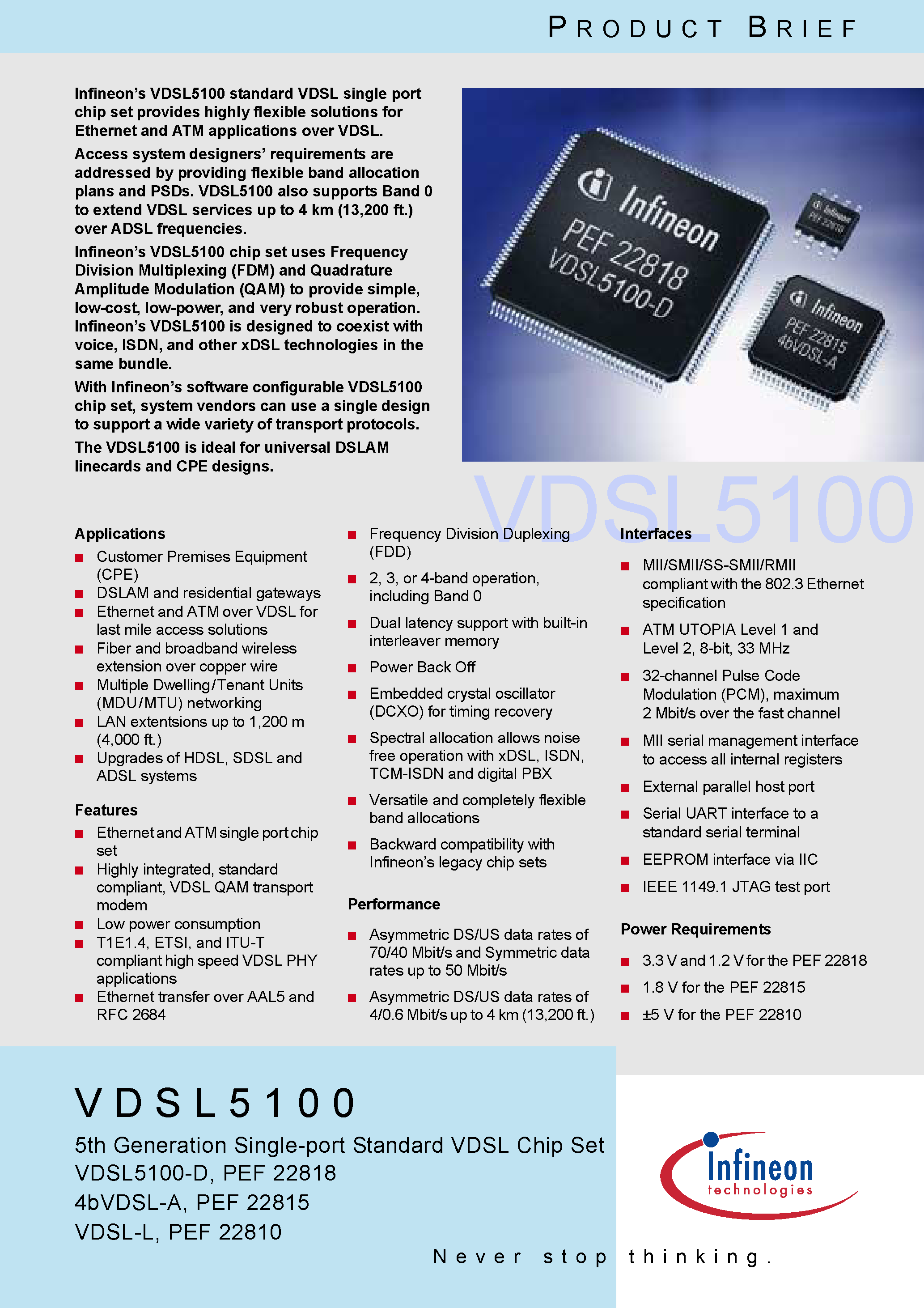 Даташит на микросхему VDSL5100 страница 1 Даташит VDSL5100 - 5th Generation Single-port Standard VDSL Chip Set страница 1