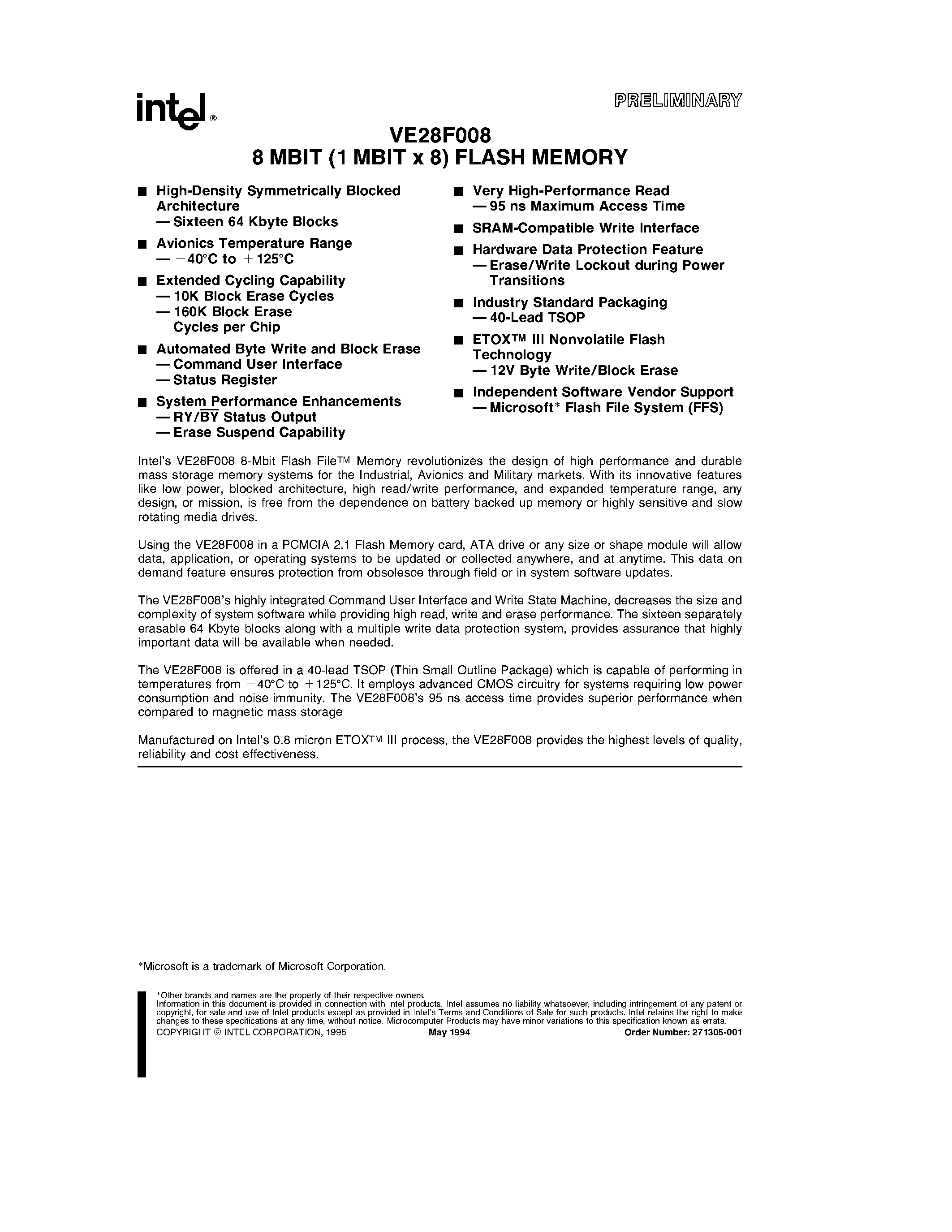 Datasheet VE28F008 - 8 MBIT (1 MBIT x 8) FLASH MEMORY page 1