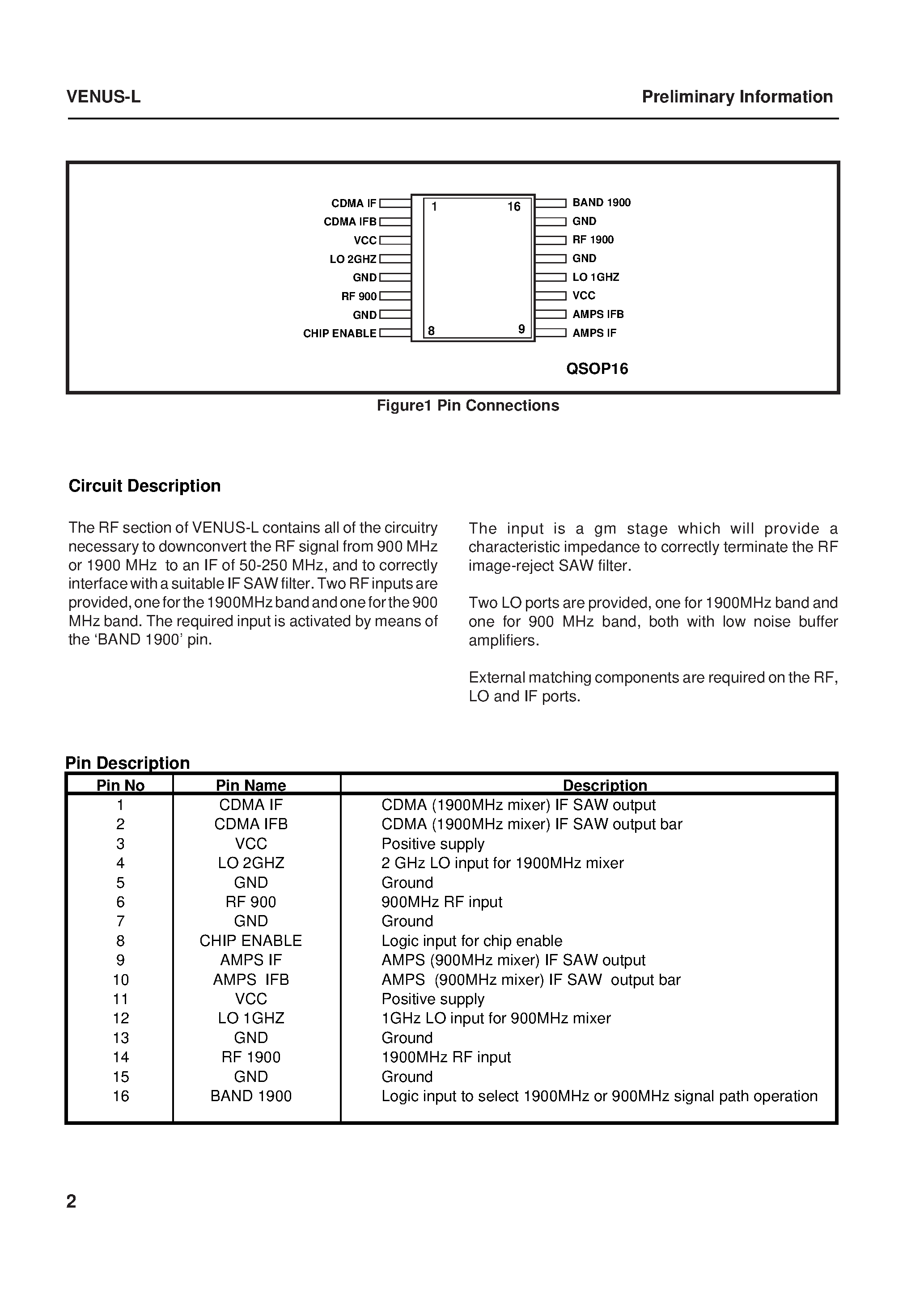 Datasheet VENUS-L - CDMA/AMPS Dual Band RF Receiver page 2