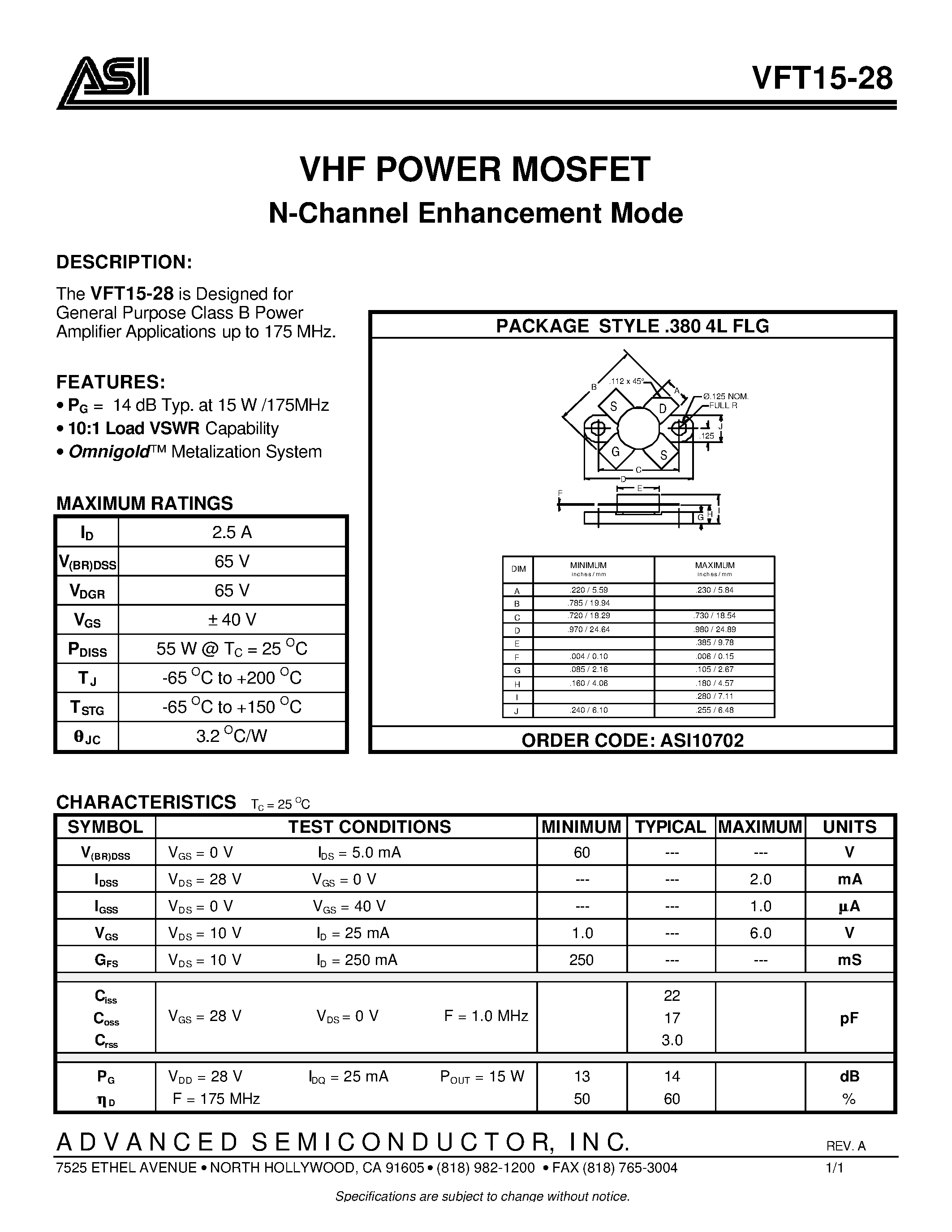 Даташит на микросхему VFT15-28 страница 1 Даташит VFT15-28 - VHF POWER MOSFET N-Channel Enhancement Mode страница 1