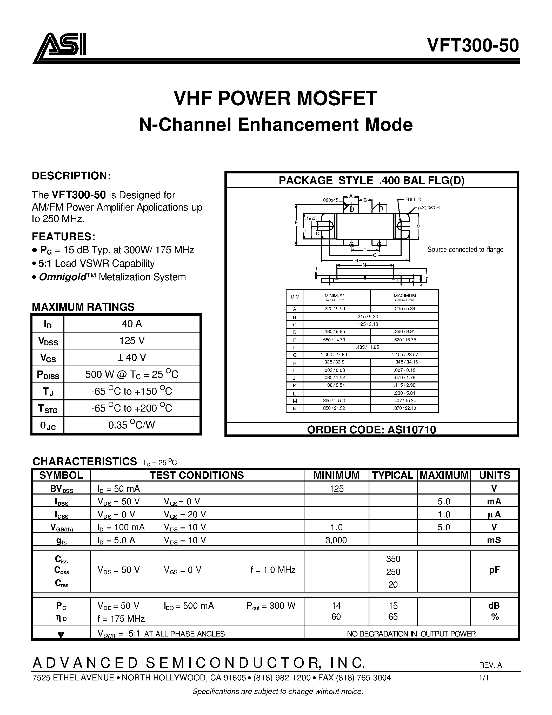 Даташит на микросхему VFT300-50 страница 1 Даташит VFT300-50 - VHF POWER MOSFET N-Channel Enhancement Mode страница 1