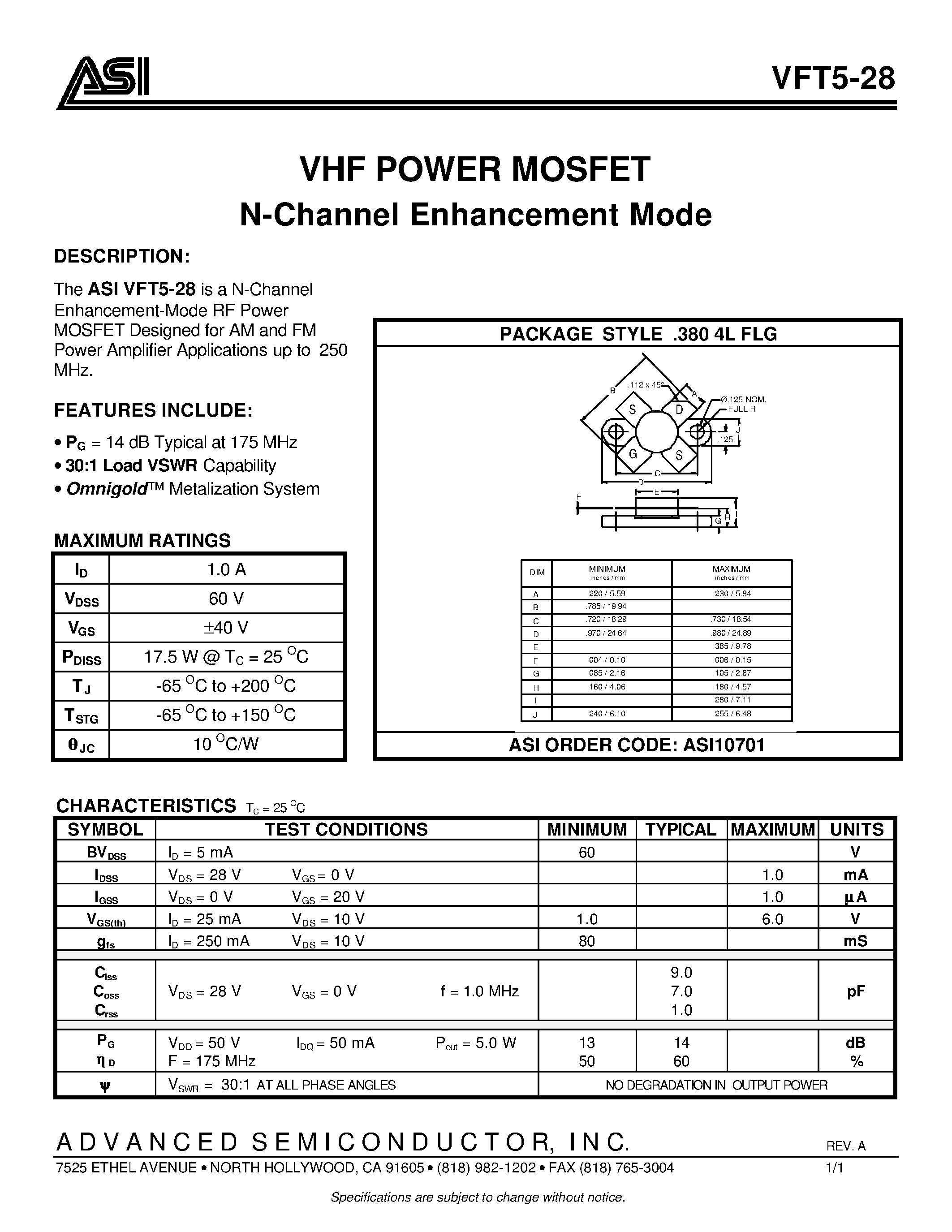 Datasheet VFT5-28 - VHF POWER MOSFET N-Channel Enhancement Mode page 1
