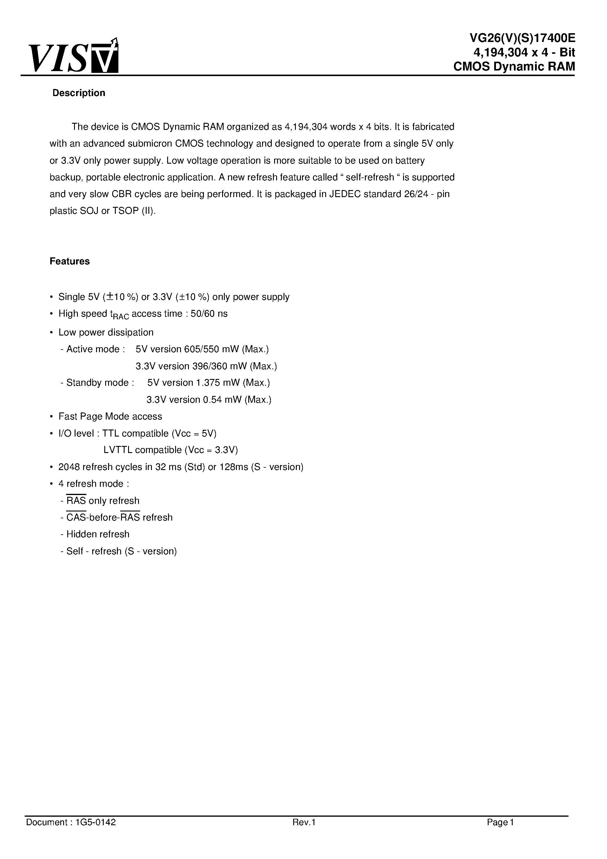 Datasheet VG26S17400EJ-6 - 4/194/304 x 4 - Bit CMOS Dynamic RAM page 1