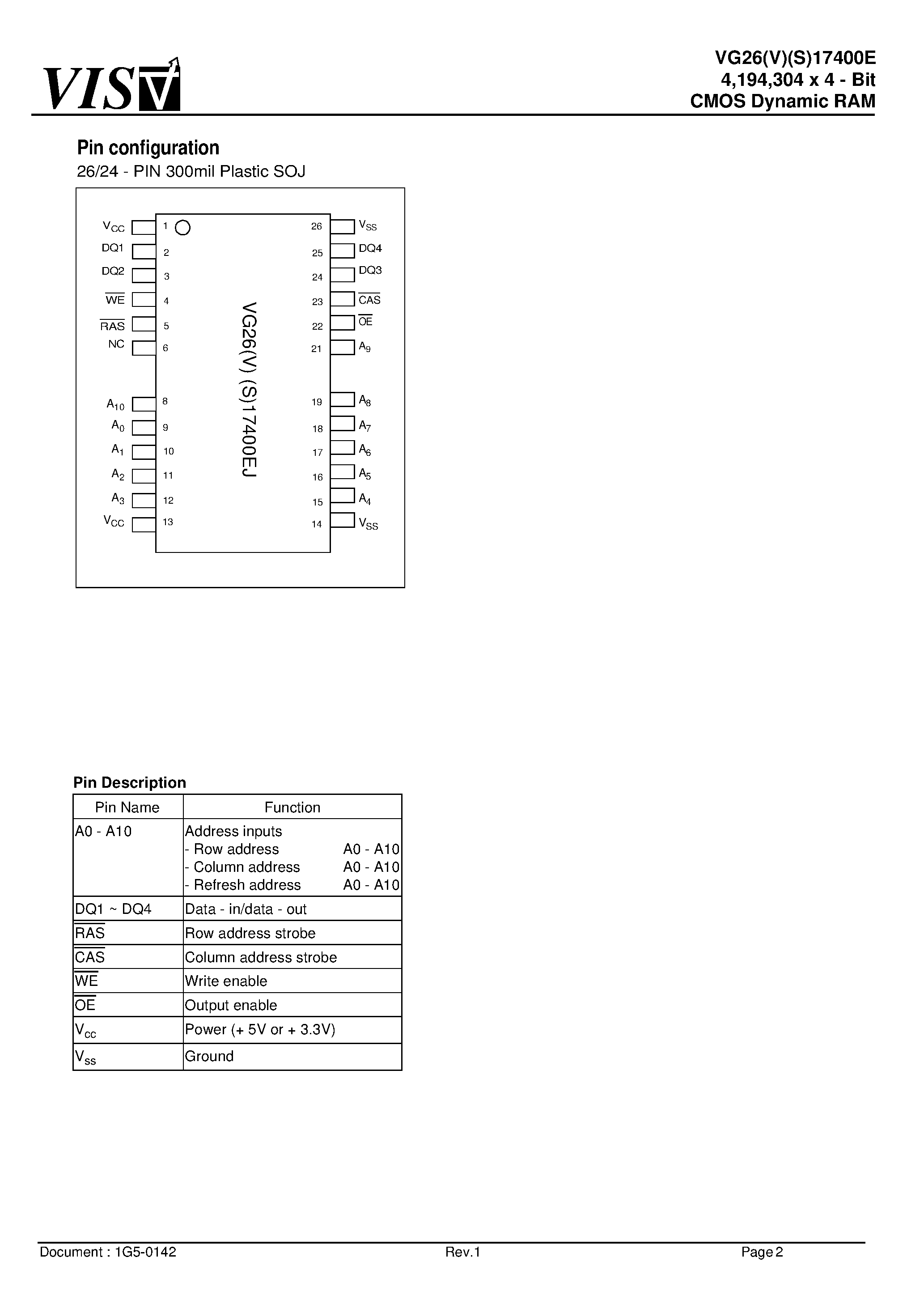 Datasheet VG26S17400EJ-6 - 4/194/304 x 4 - Bit CMOS Dynamic RAM page 2