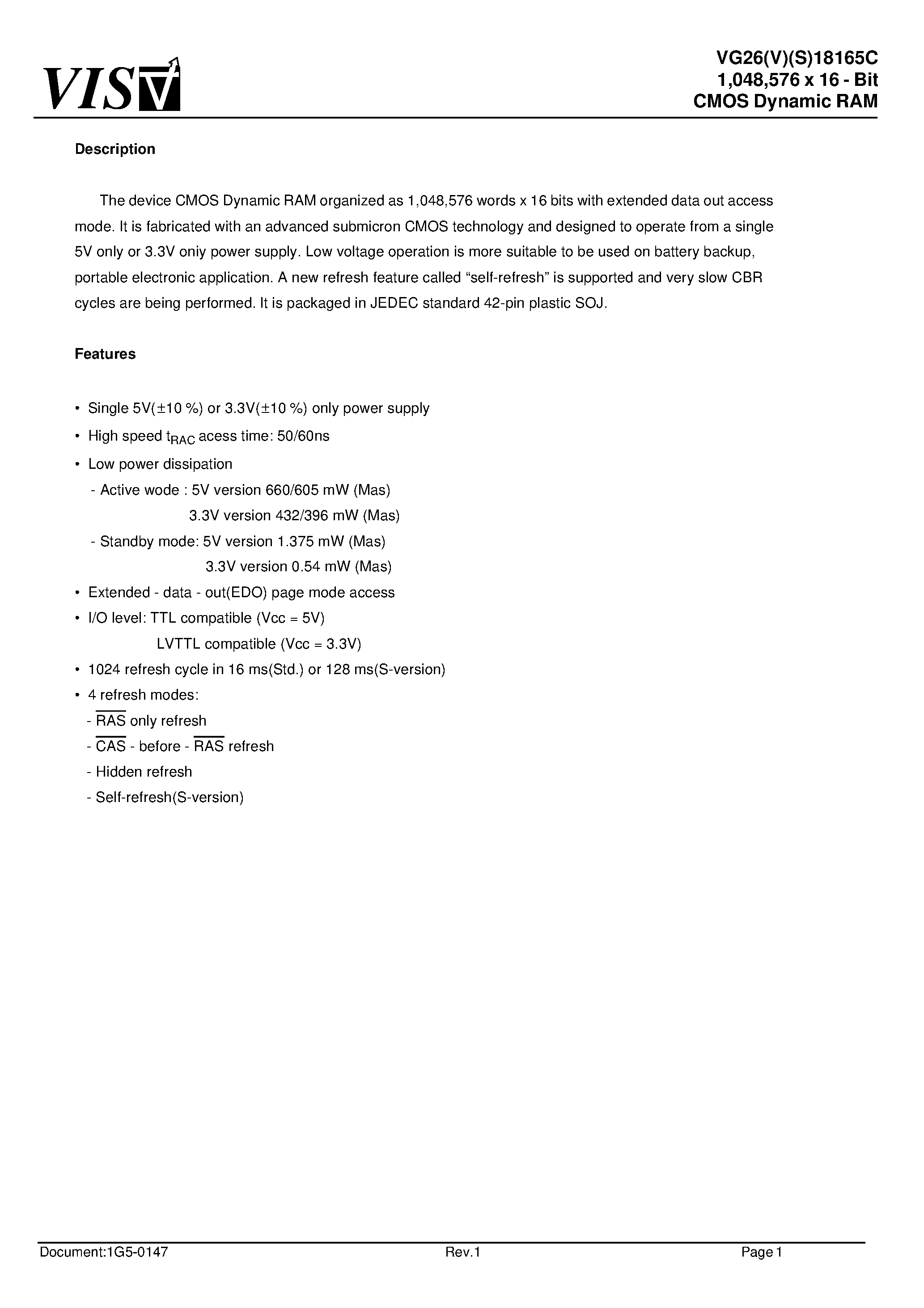 Datasheet VG26S18165CJ-6 - 1/048/576 x 16 - Bit CMOS Dynamic RAM page 1