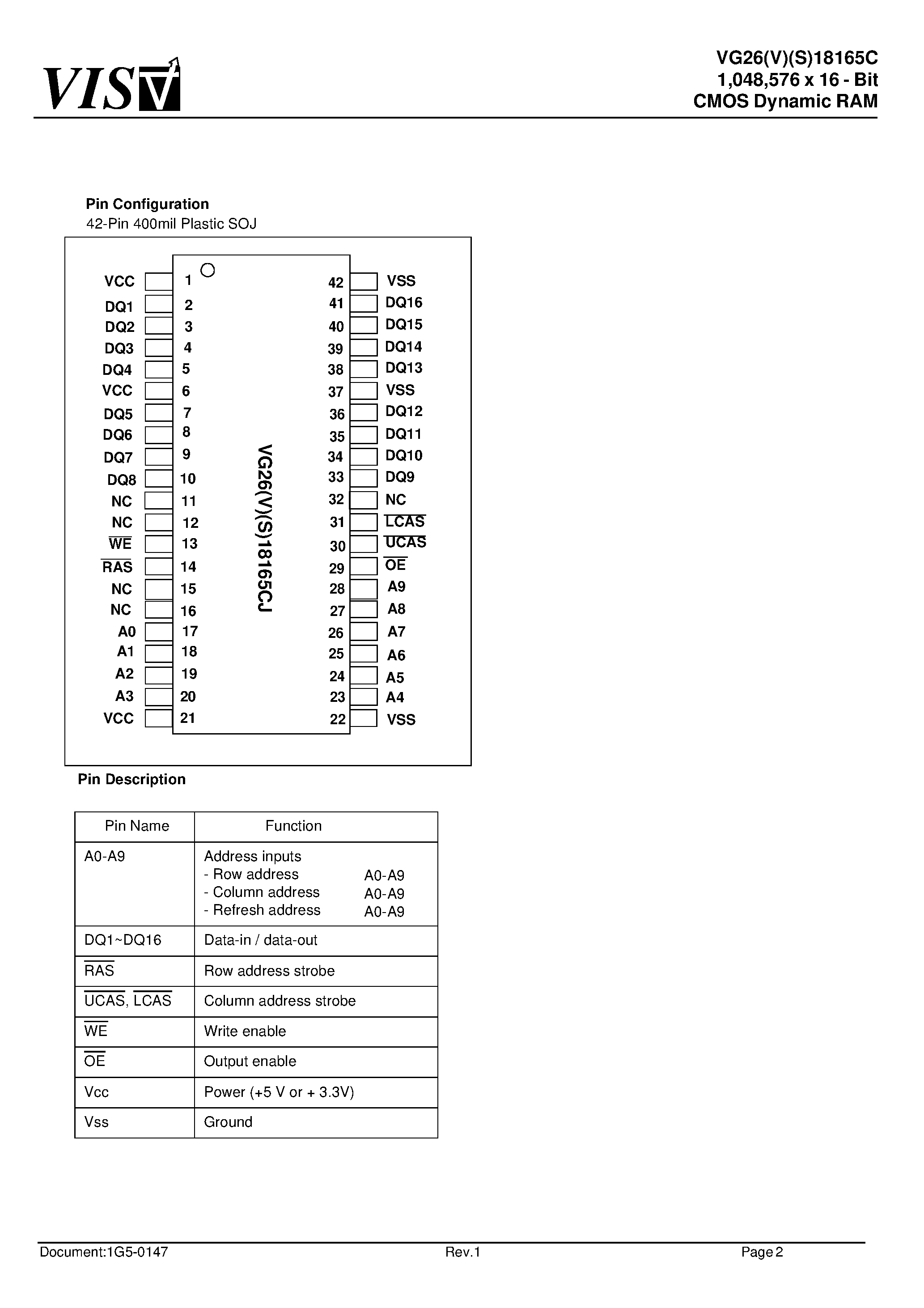 Datasheet VG26S18165CJ-6 - 1/048/576 x 16 - Bit CMOS Dynamic RAM page 2